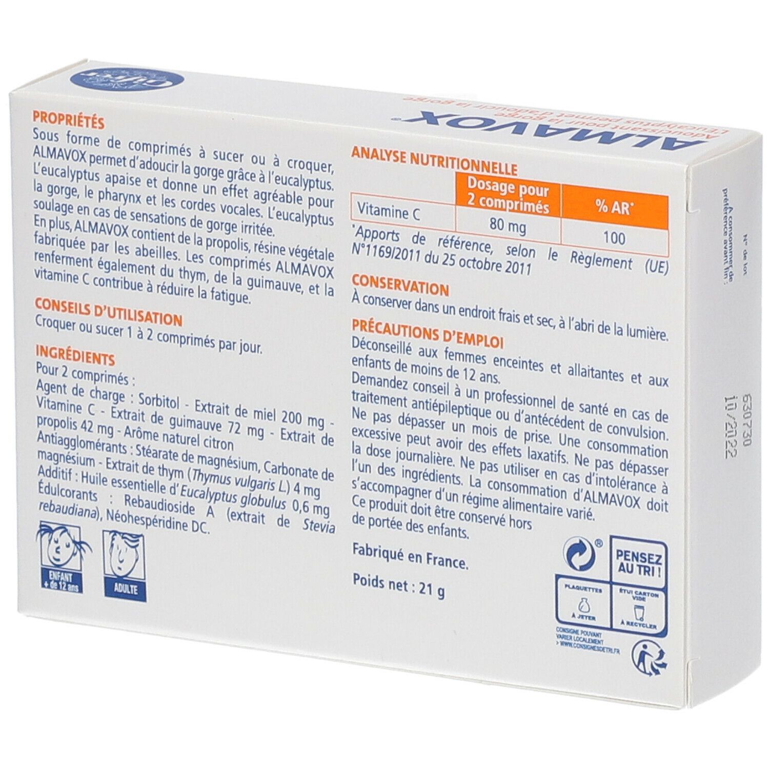 Almavox® adoucissant pour la gorge miel citron