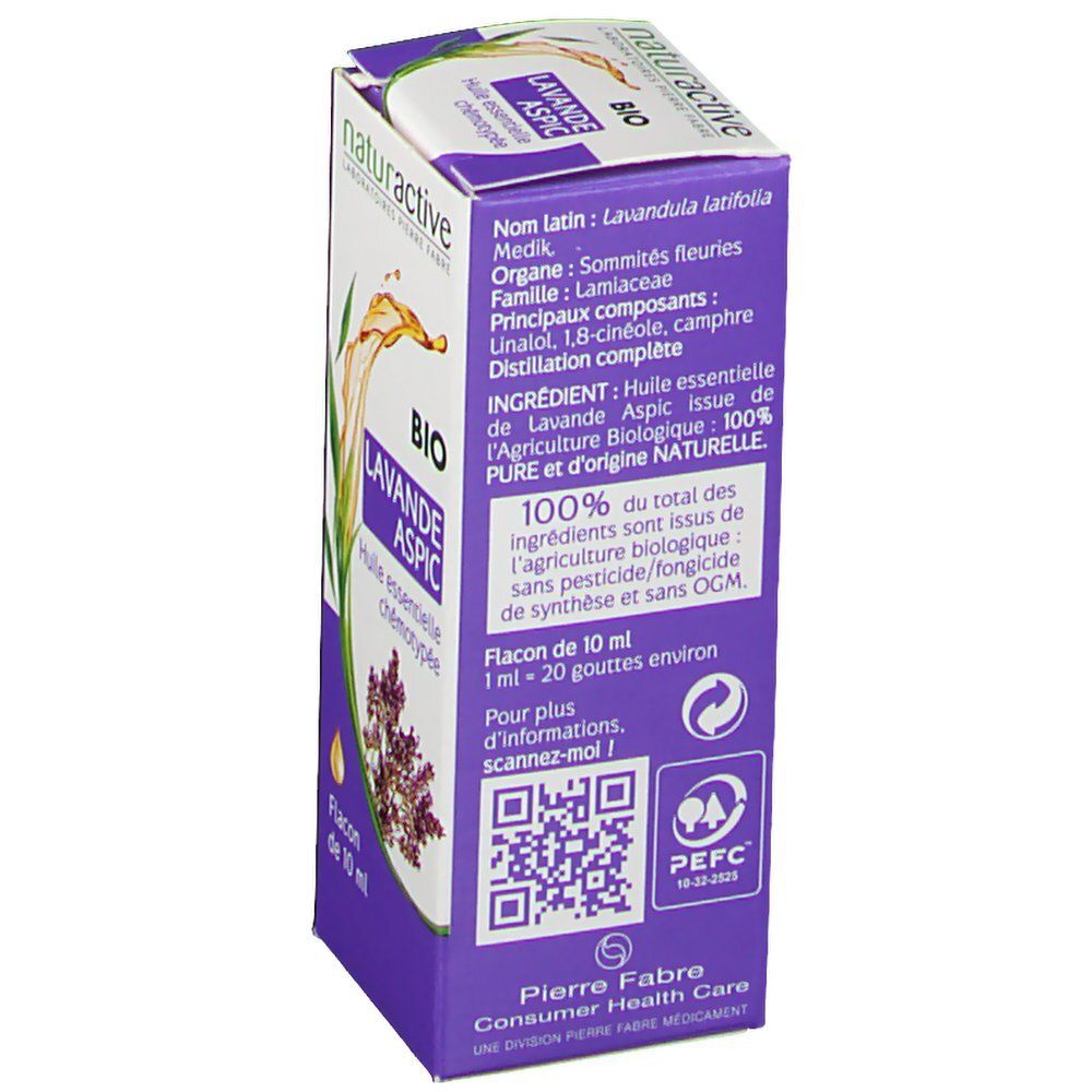 Huile essentielle Bio Lavande Aspic Naturactiv, flacon 10 ml. Informations sur les ingrédients et l'origine.