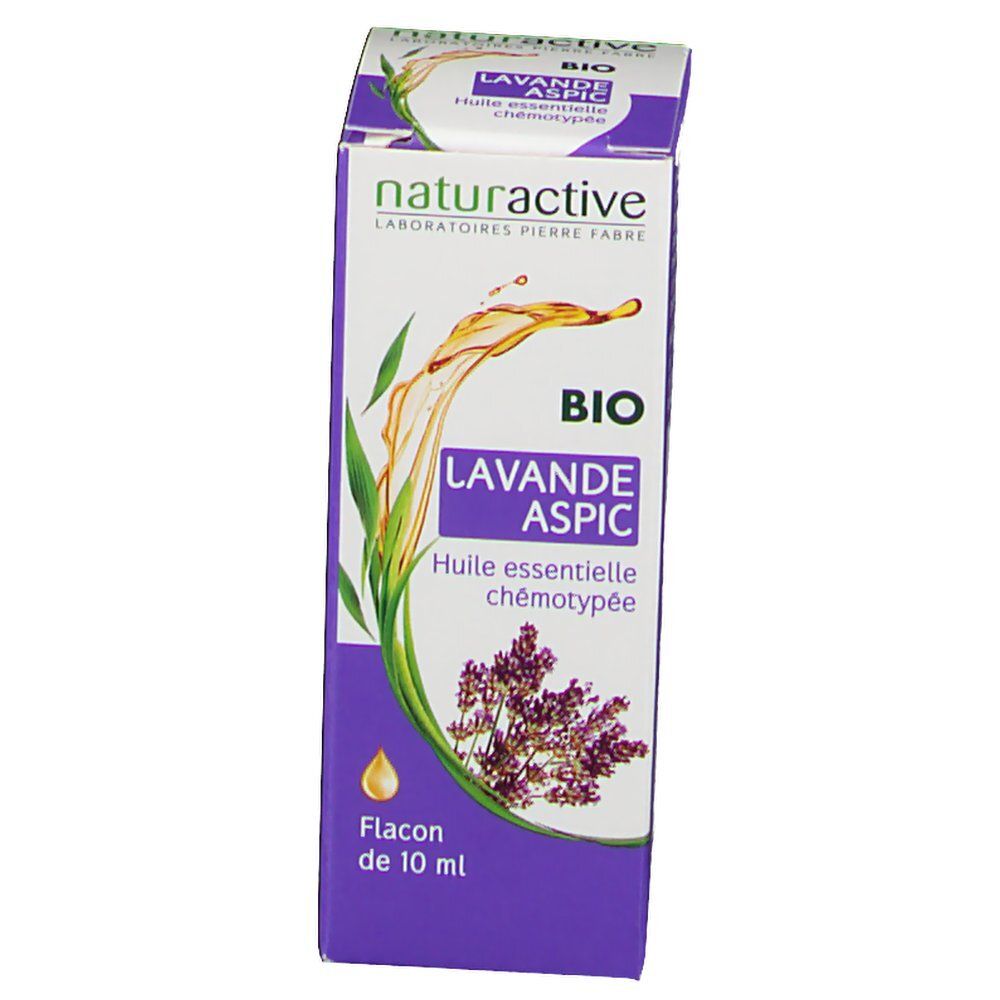 Huile essentielle Bio Lavande Aspic Naturactiv, flacon 10 ml. Avec motif lavande et label Bio.