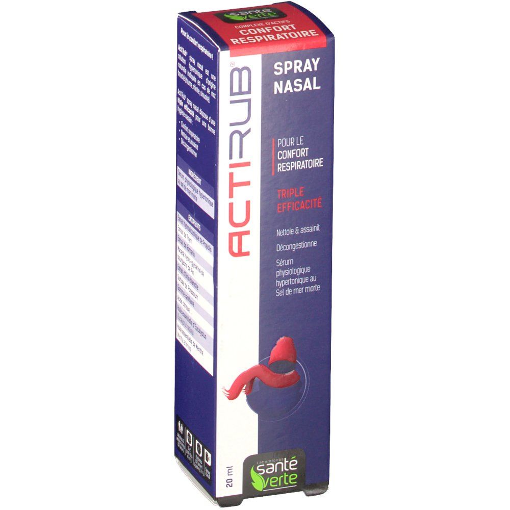 Boîte de Santé Verte Actirub spray nasal. Inscription ACTIRUB, Spray Nasal, Triple efficacité. 20 ml.