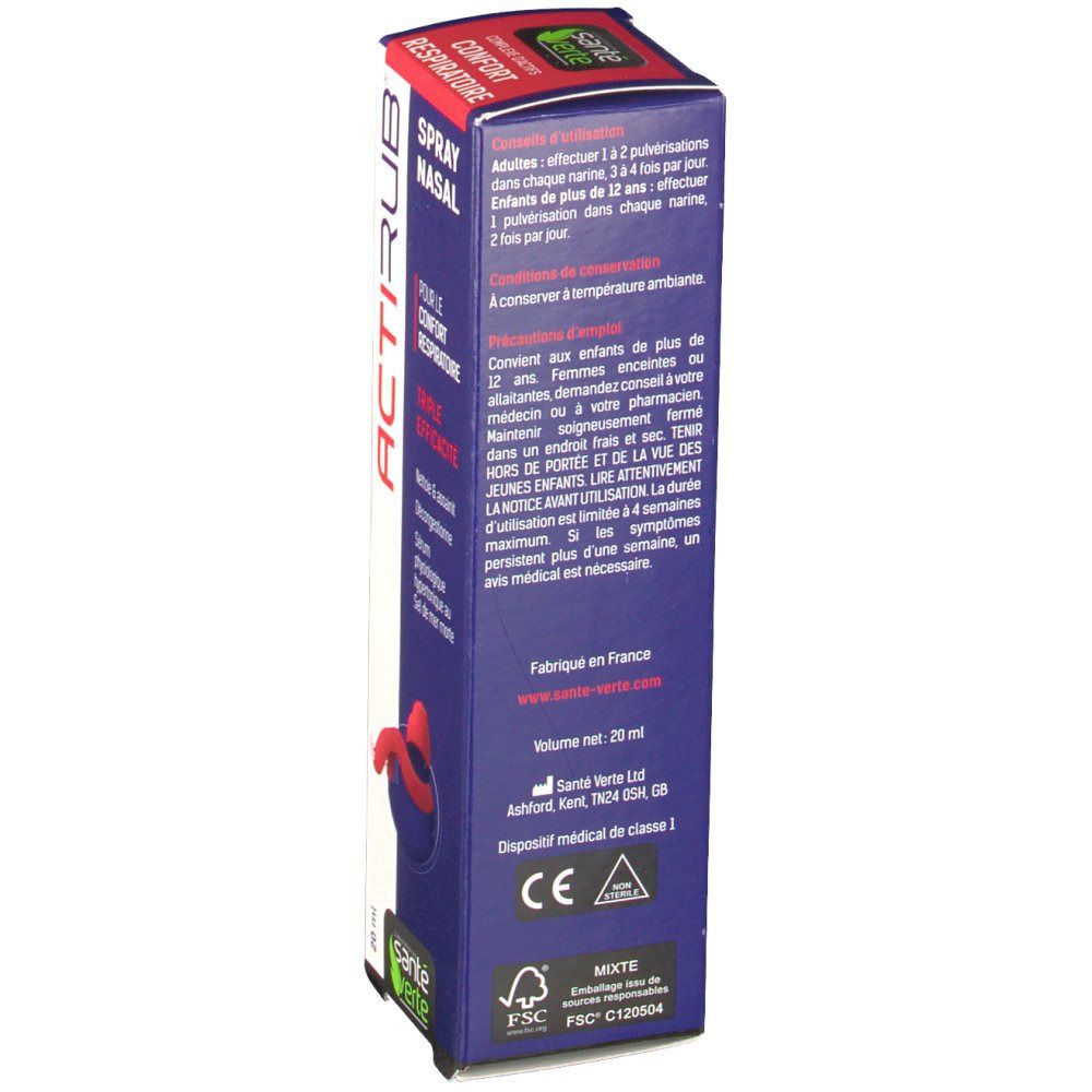 Dos de la boîte Actirub spray nasal. Informations d'utilisation, coordonnées fabricant, marquage CE.