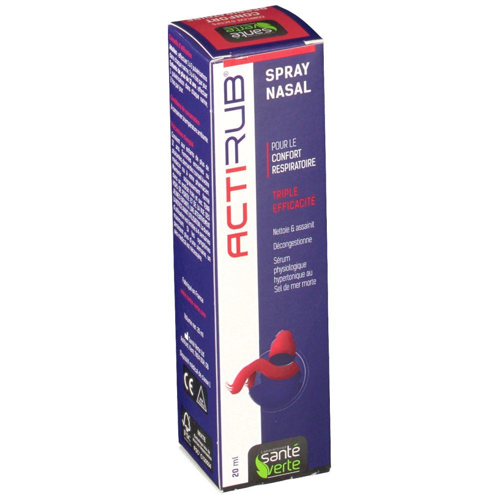 Boîte de Santé Verte Actirub spray nasal. Inscription ACTIRUB, Spray Nasal, Triple efficacité. 20 ml.