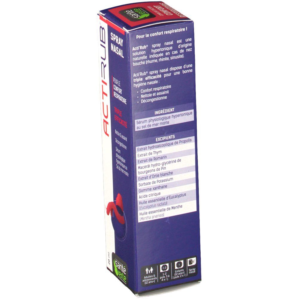 Côté de la boîte Actirub spray nasal. Informations sur les ingrédients et l'utilisation.