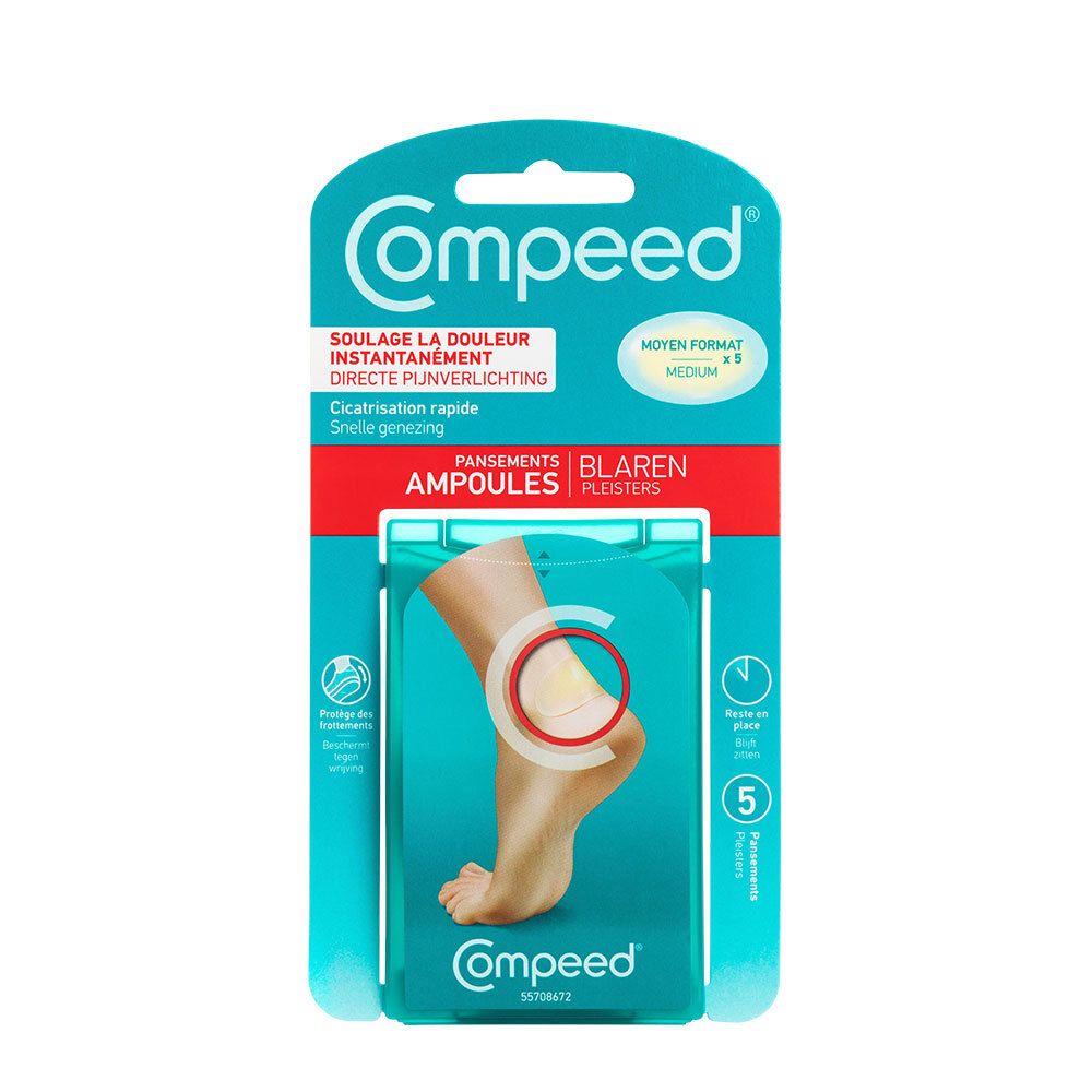 Emballage de pansements Compeed. Face avant avec nom du produit, illustration de pied et cercle rouge. Format moyen.