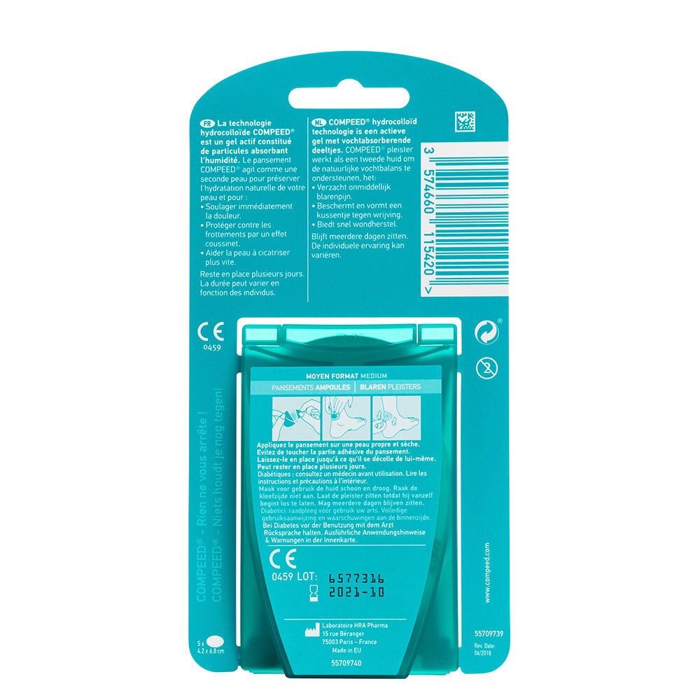 Dos de l'emballage Compeed. Texte multilingue, incluant informations sur la technologie et instructions d'utilisation.