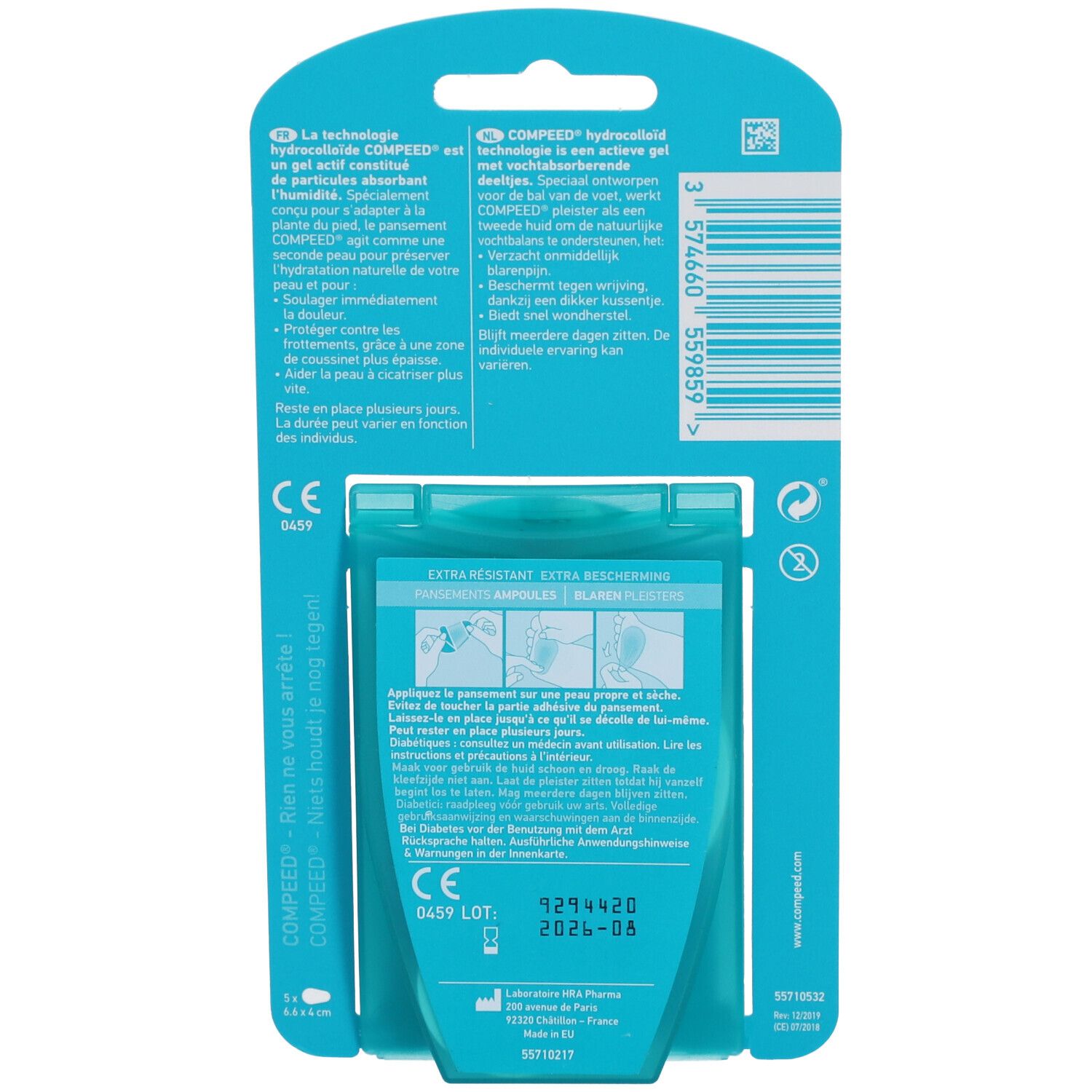 Dos de l'emballage. Texte multilingue. Marquage CE.