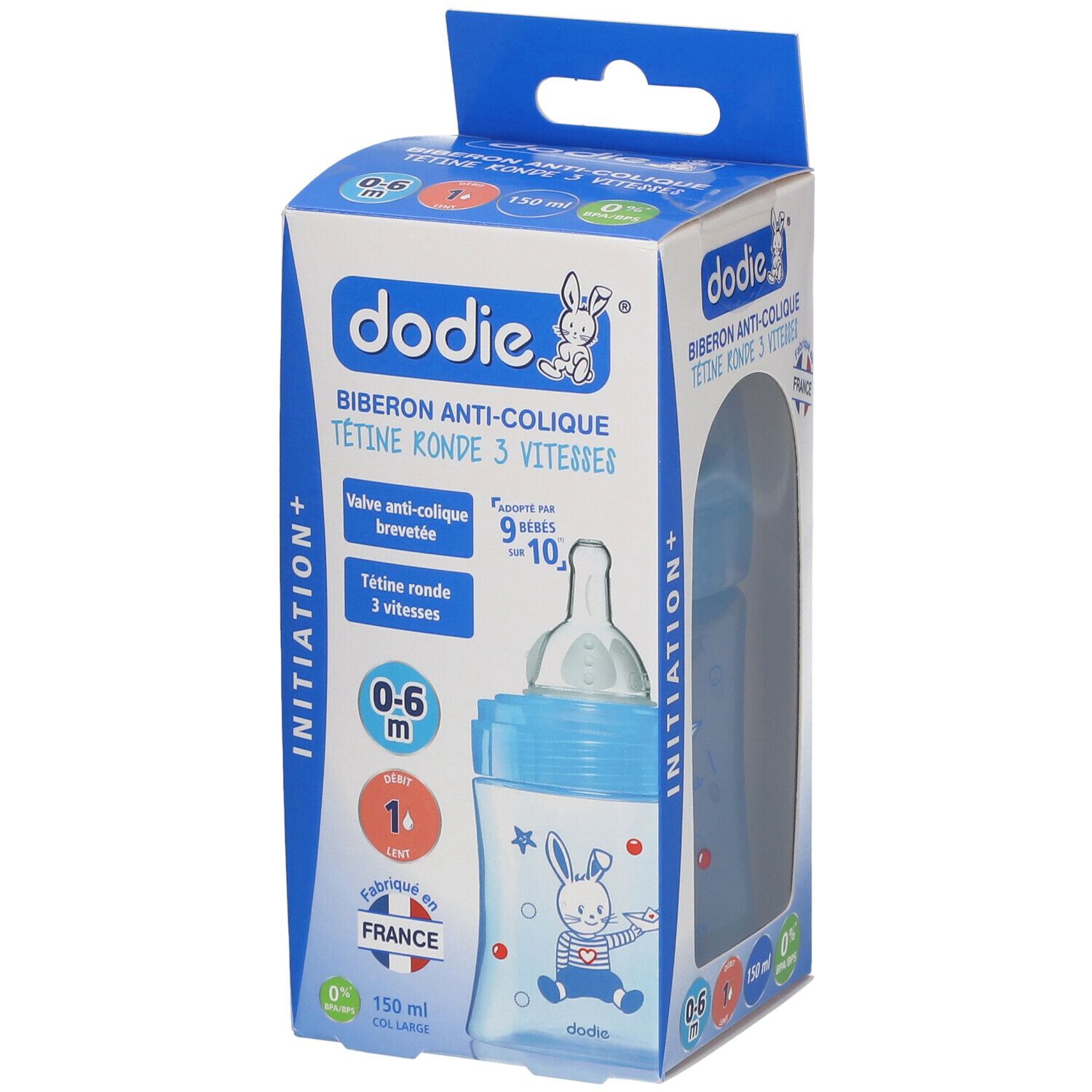 dodie® Initiation+ biberon 150 ml avec tétine débit 1 bleu 1 pc(s) -  Redcare Pharmacie