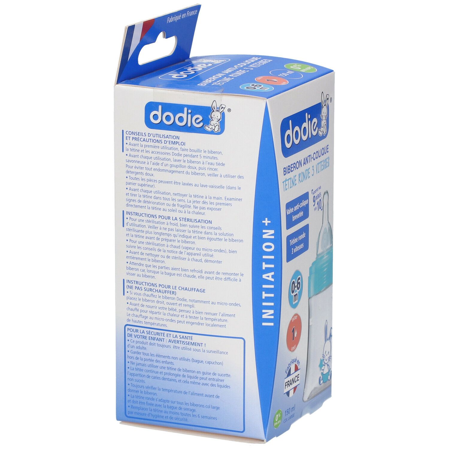 dodie® Initiation+ Biberon Anti-colique 150 ml avec tétine débit 1 décor