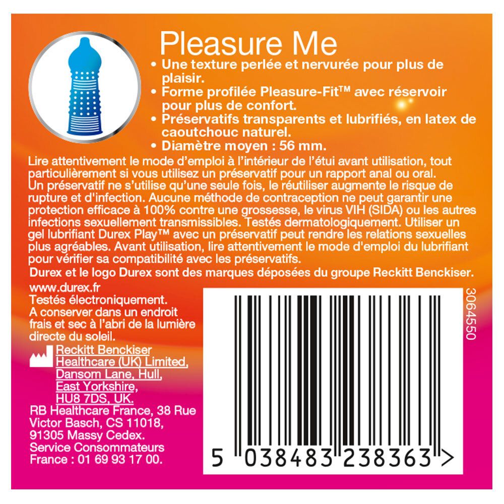 Emballage Durex Pleasure Me. Préservatifs transparents et lubrifiés. Diamètre 56 mm. Texte et pictogrammes.