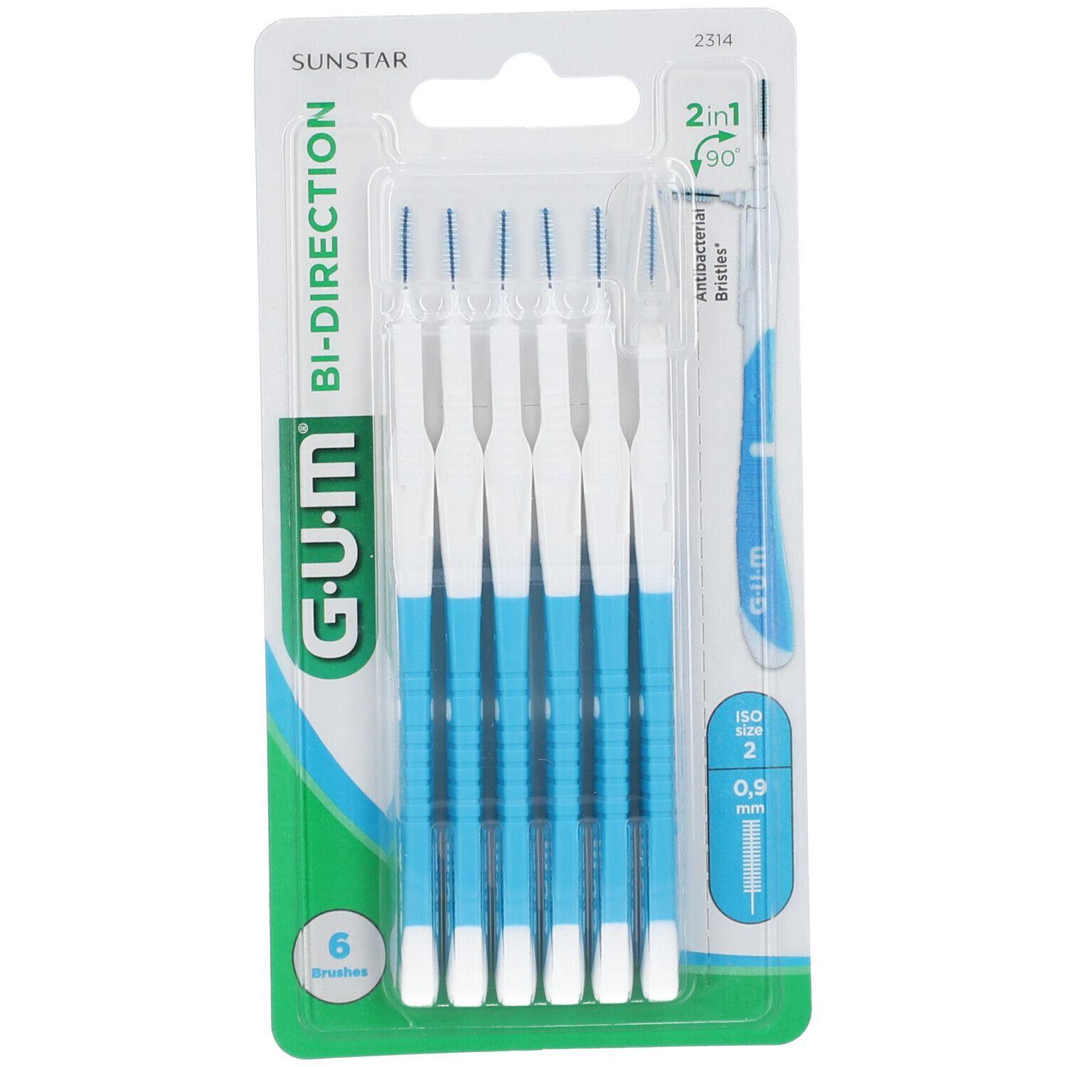 Paquet de 6 brossettes interdentaires. Soies bleues et blanches, manche blanc. Nom du produit et marque visibles.