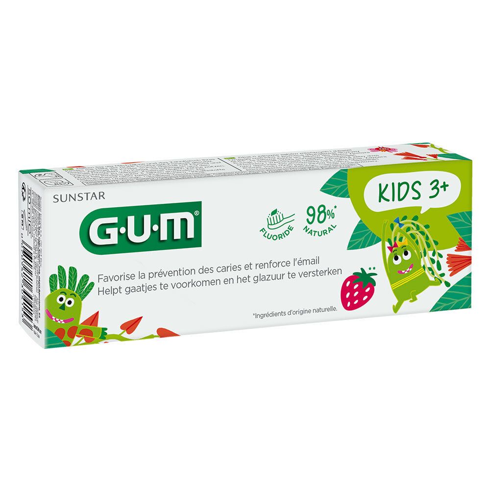 Tube de dentifrice GUM pour enfants, goût fraise. Contient du fluorure. Pour enfants de 3 ans et plus. Emballage illustré.