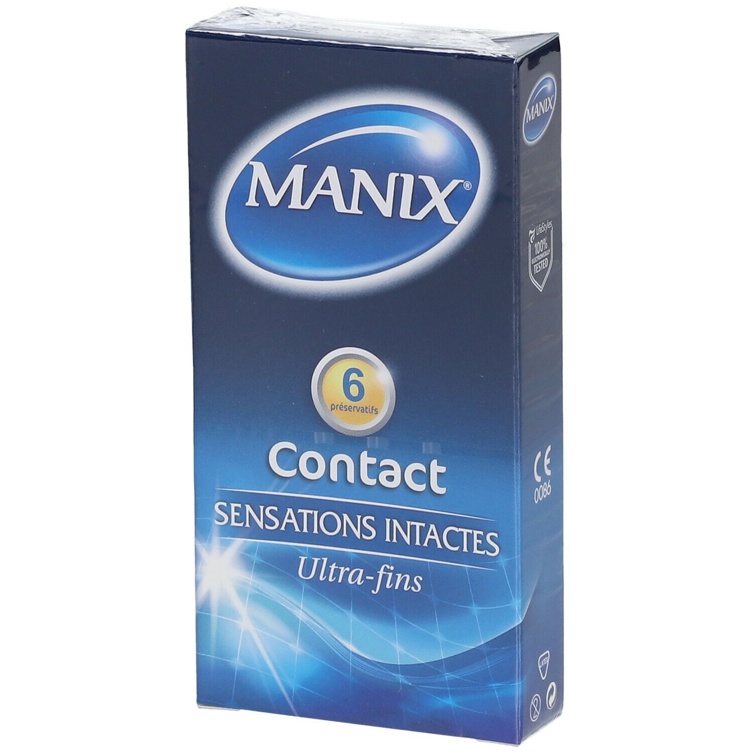 Boîte de préservatifs. Marque MANIX, Contact, 6 préservatifs. Ultra-fins.