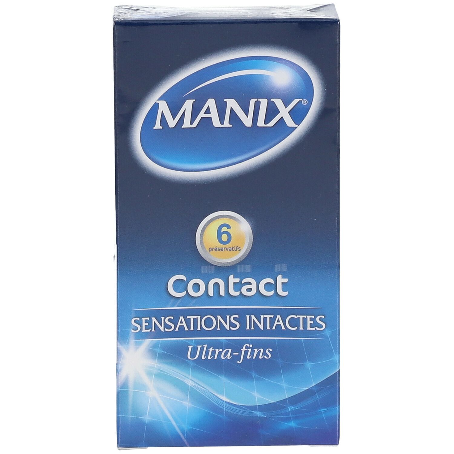 Vue de face de la boîte de préservatifs. Marque MANIX, Contact, 6 préservatifs. Ultra-fins.