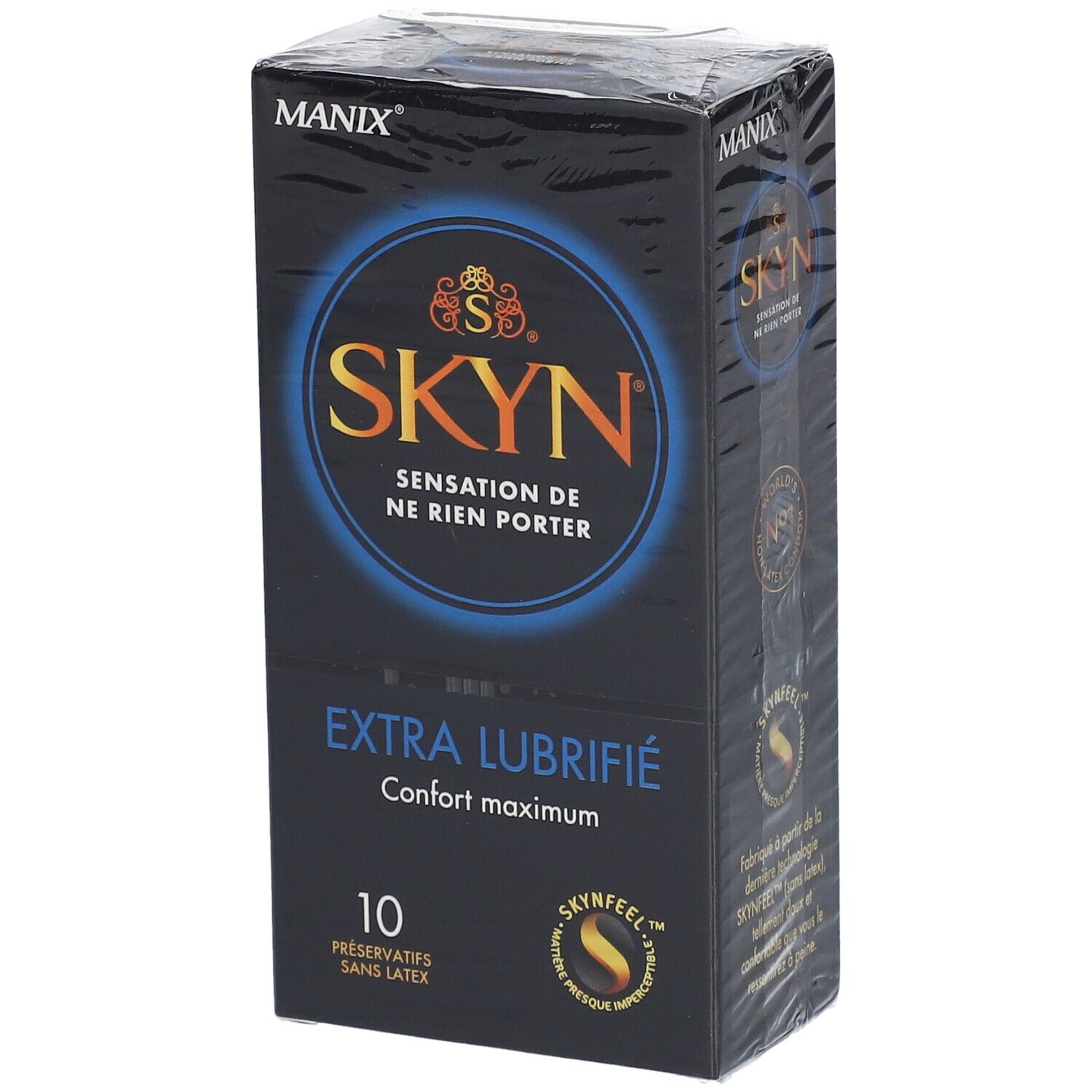 Boîte noire de préservatifs. Inscriptions: MANIX, SKYN, EXTRA LUBRIFIÉ, 10 unités. Certification visible.