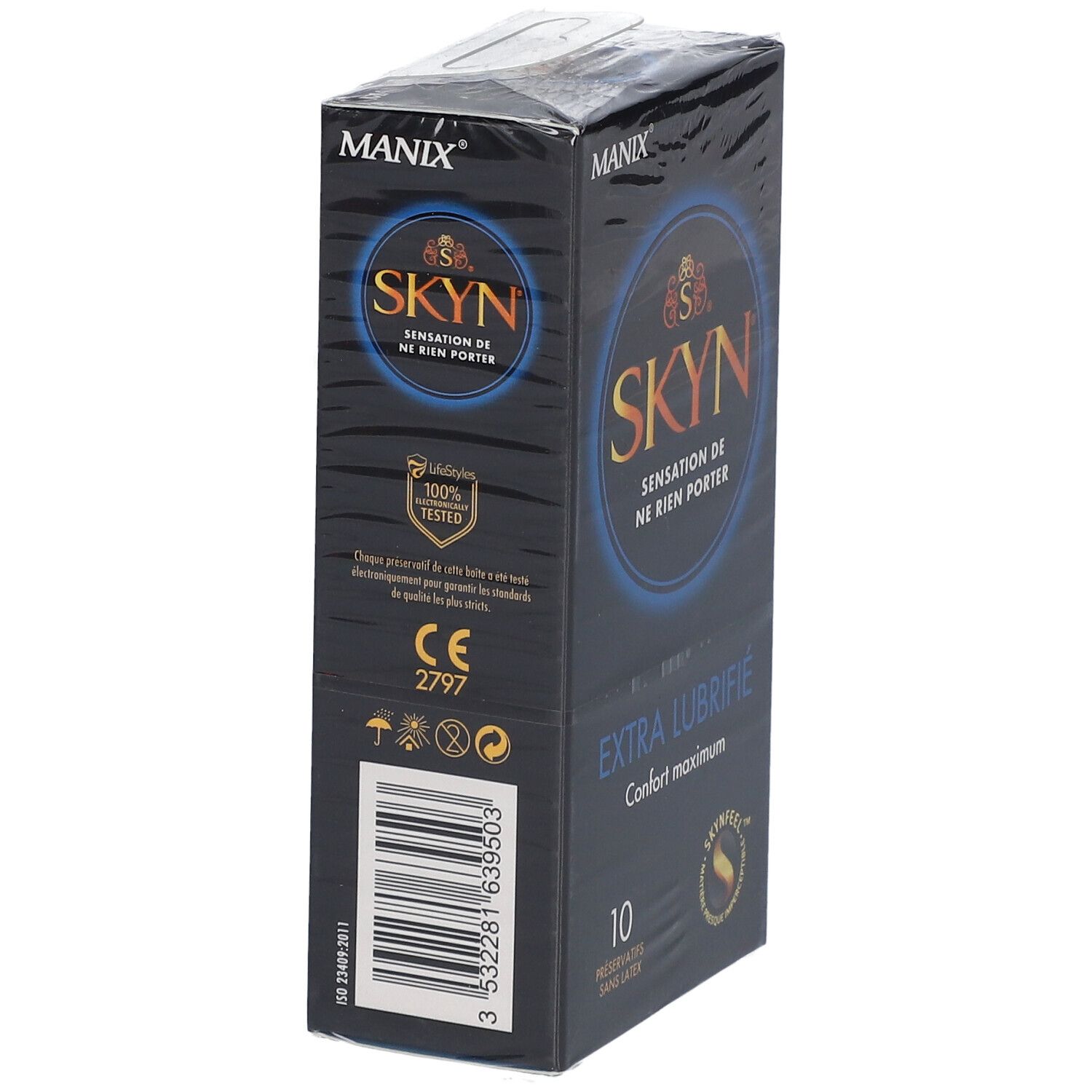 Boîte noire de préservatifs. Inscriptions: MANIX, SKYN, EXTRA LUBRIFIÉ, 10 unités. Certification visible.