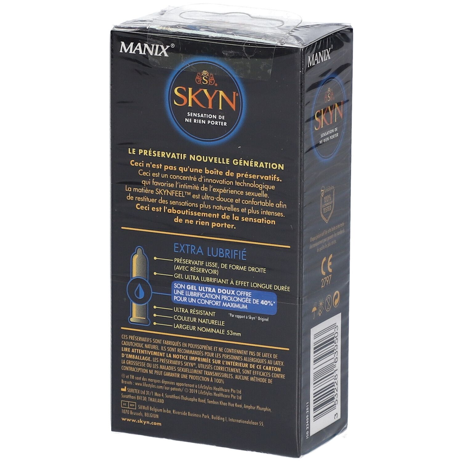 Dos d'une boîte noire de préservatifs. Inscriptions: MANIX, SKYN, EXTRA LUBRIFIÉ. Description et certifications.