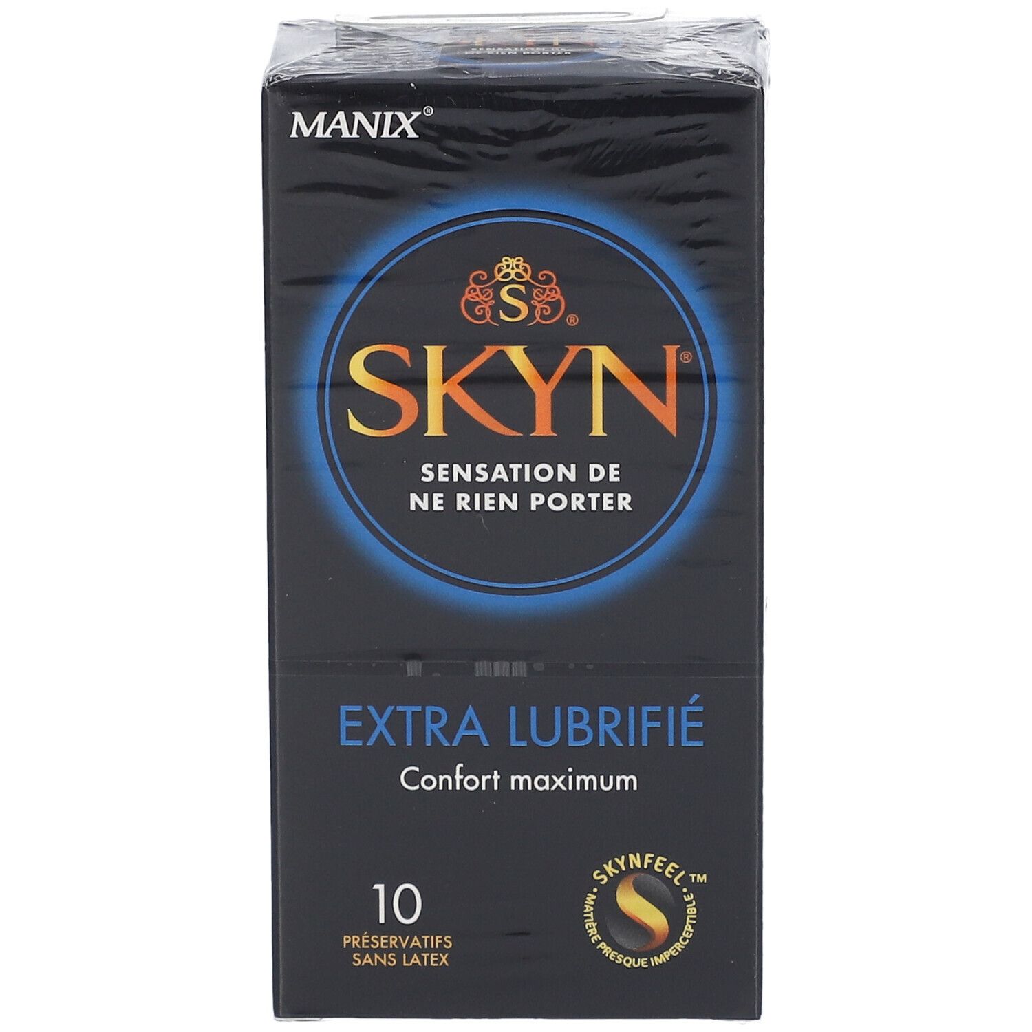 Boîte noire de préservatifs. Inscriptions: MANIX, SKYN, EXTRA LUBRIFIÉ, 10 unités. Certification visible.