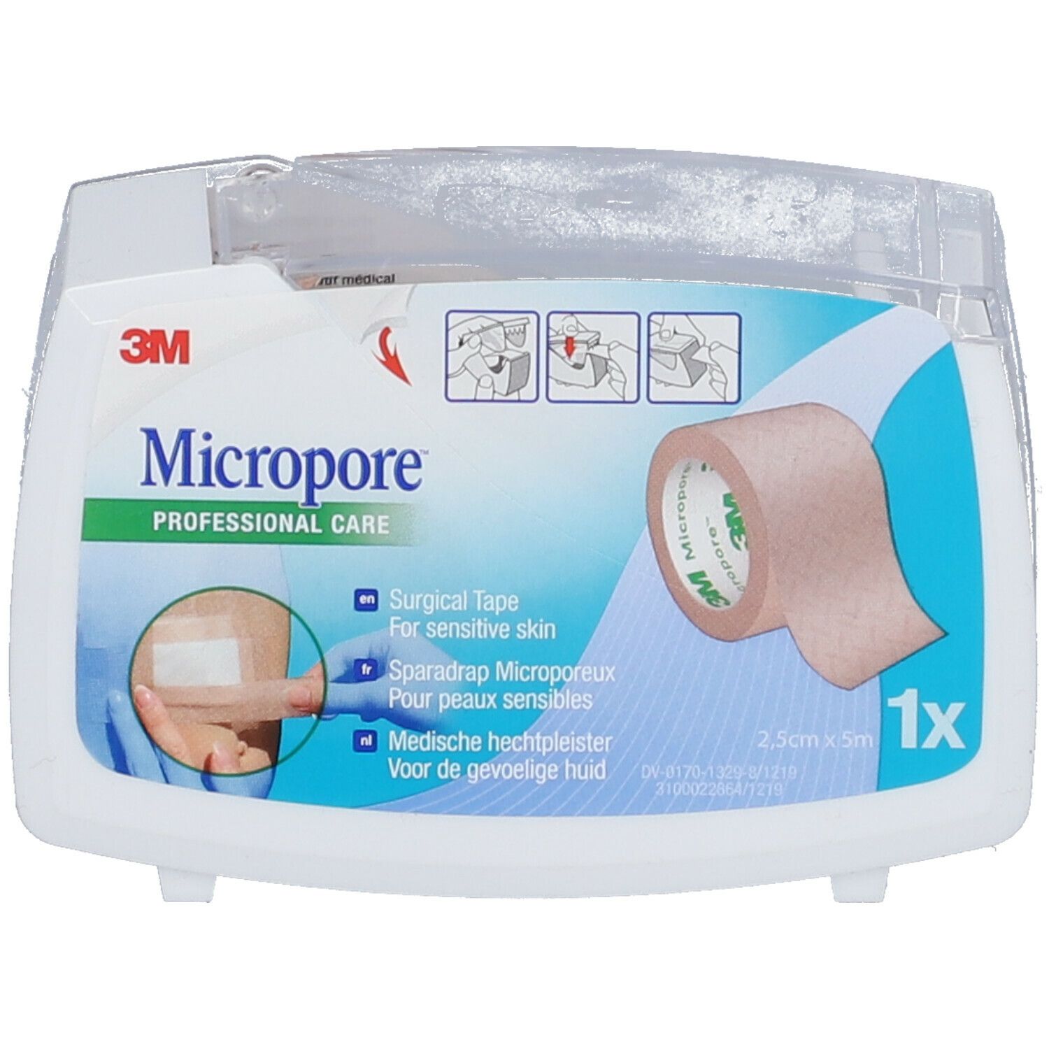 Boîte de sparadrap chirurgical 3M Micropore, blanc, 2,5 cm x 5 m, pour peaux sensibles.