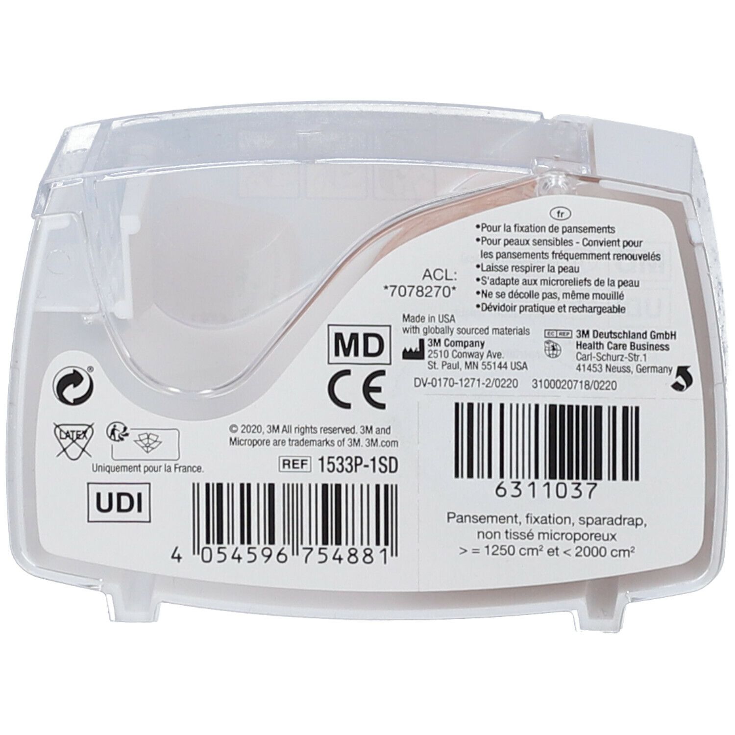 Arrière de l'emballage avec marquage CE, symbole MD et informations produit.