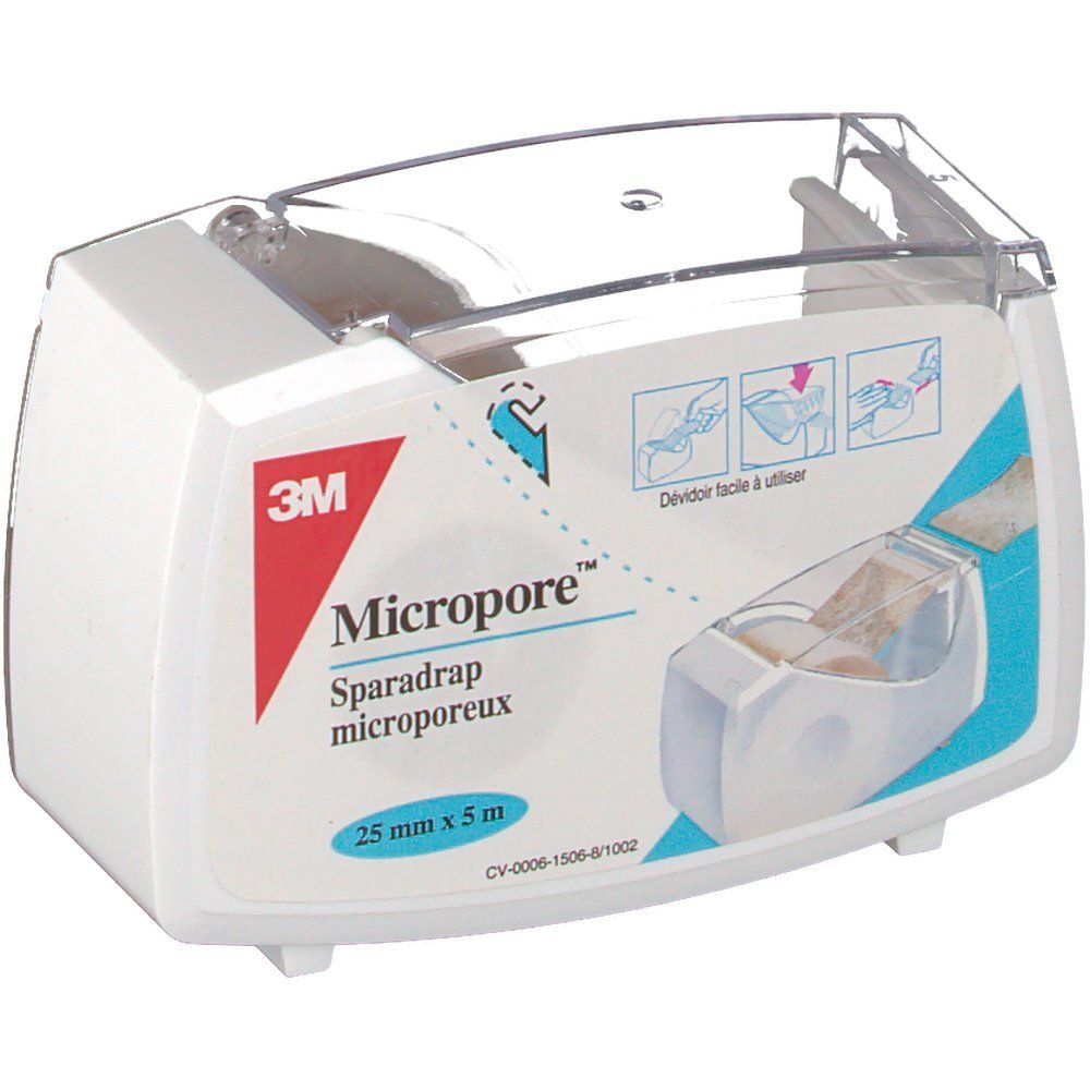 Distributeur blanc avec couvercle transparent. Inscription: Micropore, 25 mm x 5 m. Logo 3M. Exemples d'utilisation.