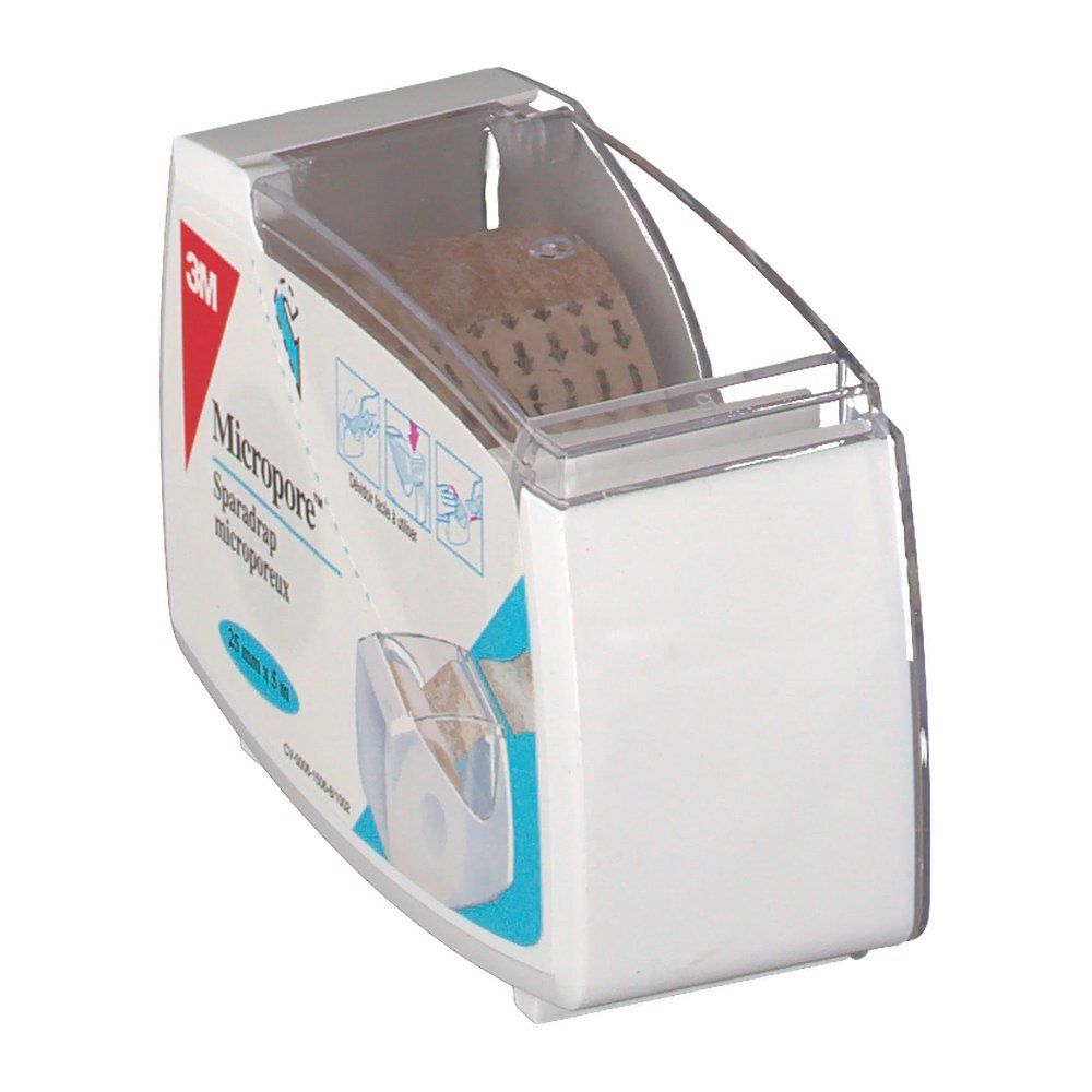 Distributeur blanc avec couvercle transparent. Rouleau de ruban adhésif visible. Inscription: Micropore, 25 mm x 5 m. Logo 3M.