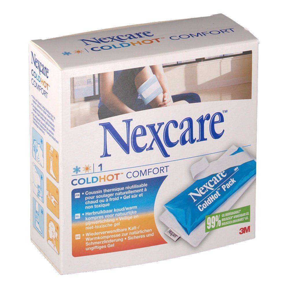 Boîte Nexcare ColdHot Comfort. L'emballage montre un exemple d'utilisation et le produit. Texte en plusieurs langues.