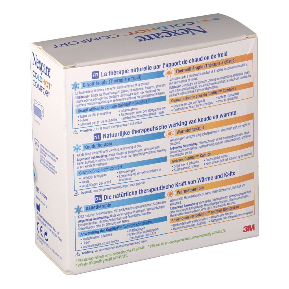 Dos de la boîte Nexcare ColdHot Comfort. Texte en allemand, néerlandais, français et italien. Logo 3M.
