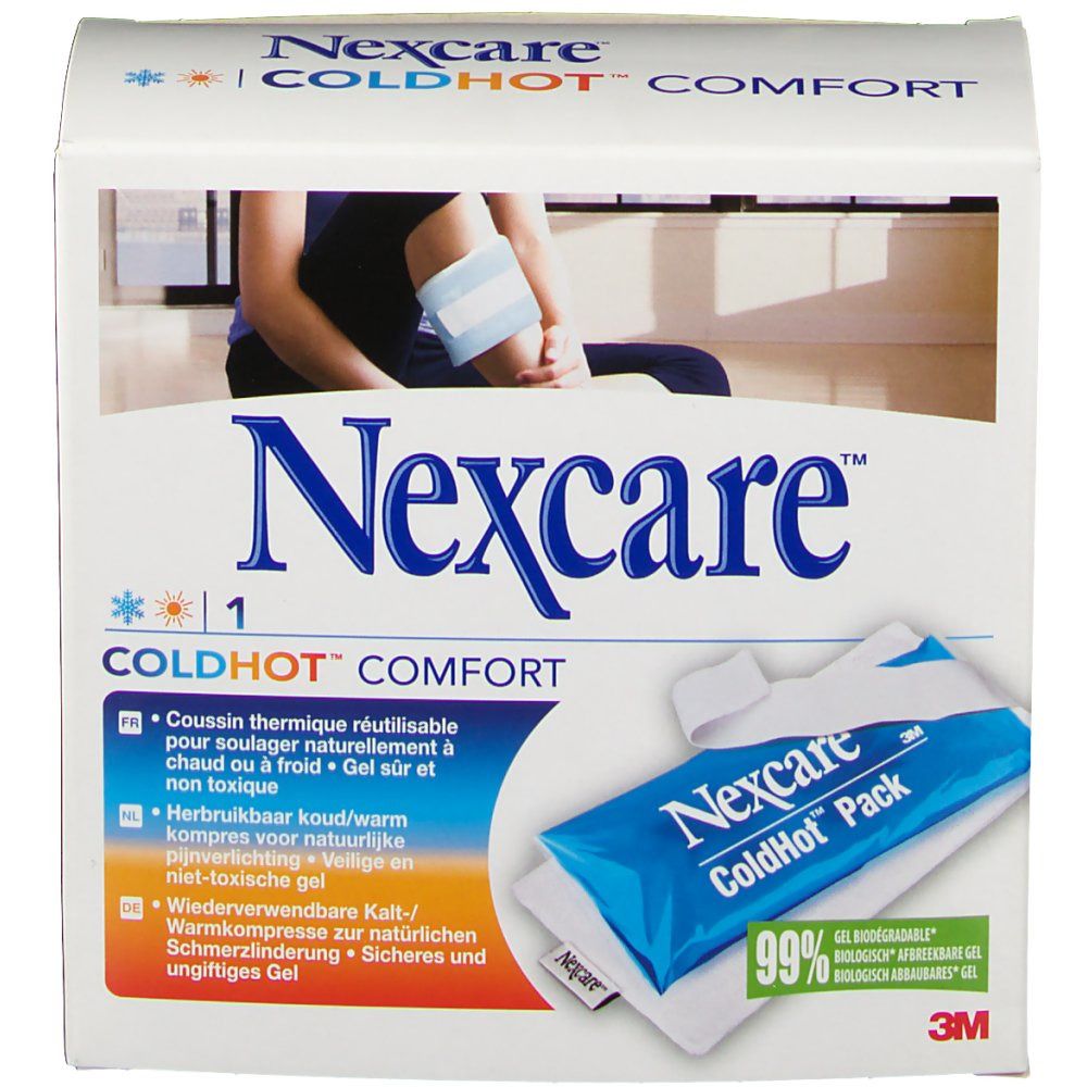 Boîte Nexcare ColdHot Comfort. L'emballage montre un exemple d'utilisation et le produit. Texte en plusieurs langues.