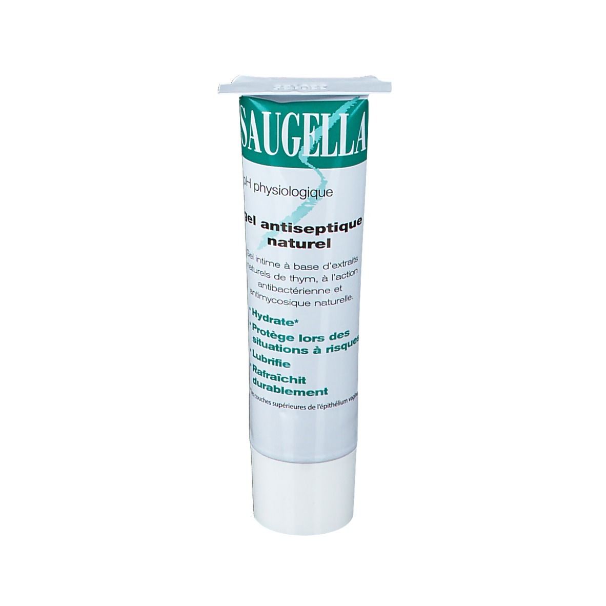Tube de gel antiseptique Saugella. Inscription en vert et blanc. Bouchon blanc. Produit pour l'hygiène intime.