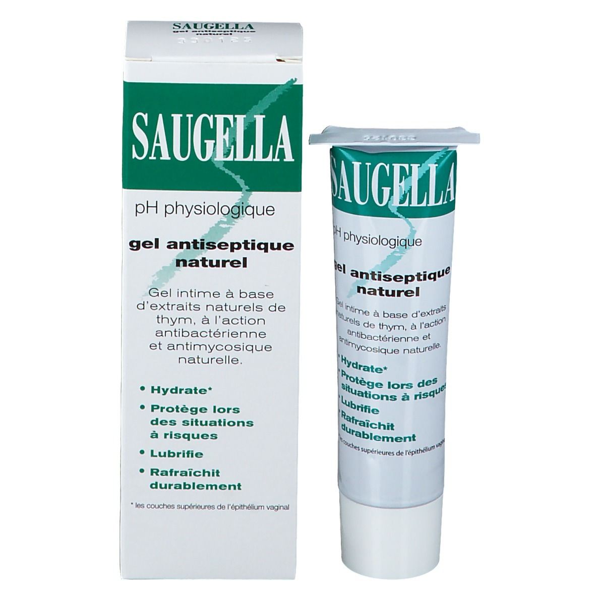 Boîte et tube Saugella. Nom du produit et logo. Design vert et blanc. Gel pour l'hygiène intime.