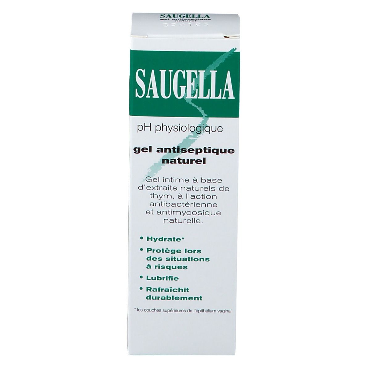 Boîte Saugella. Nom du produit et logo. Design vert et blanc. Gel pour l'hygiène intime.