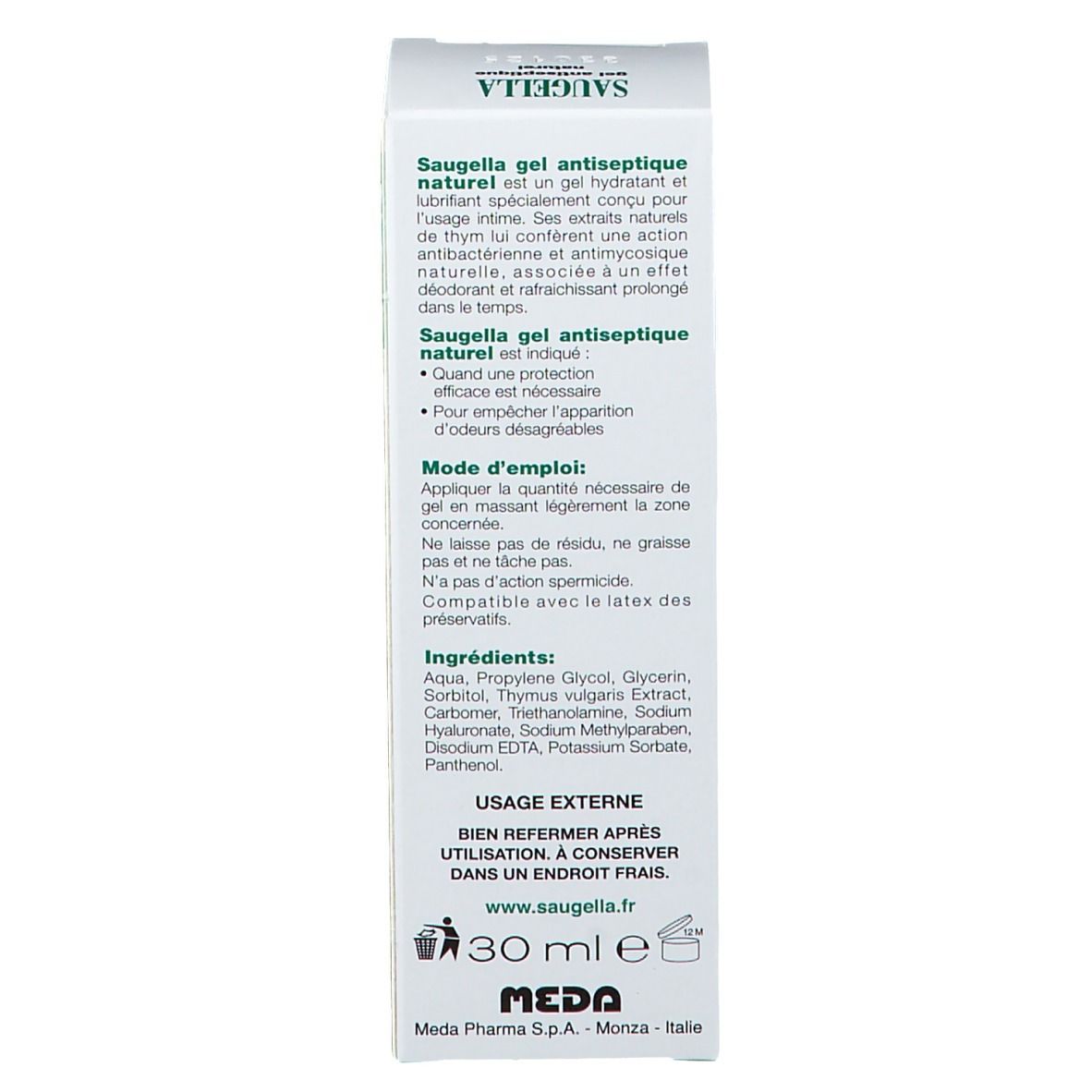 Dos de la boîte Saugella. Ingrédients et instructions. Blanc avec accent vert.