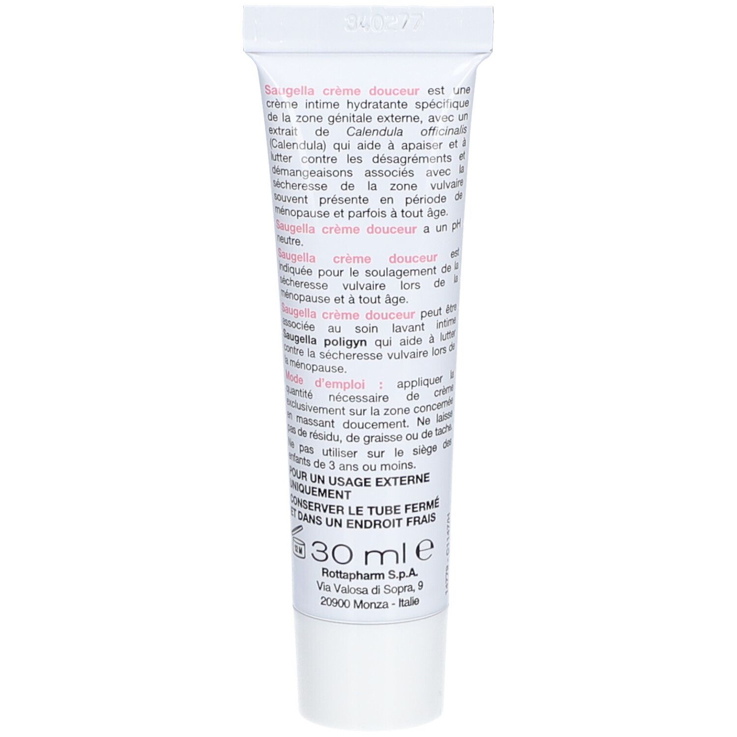 Tube blanc avec texte rose. Nom du produit: Saugella. Texte: crème douceur. Contient 30 ml. Fabricant: Rottapharm S.p.A.