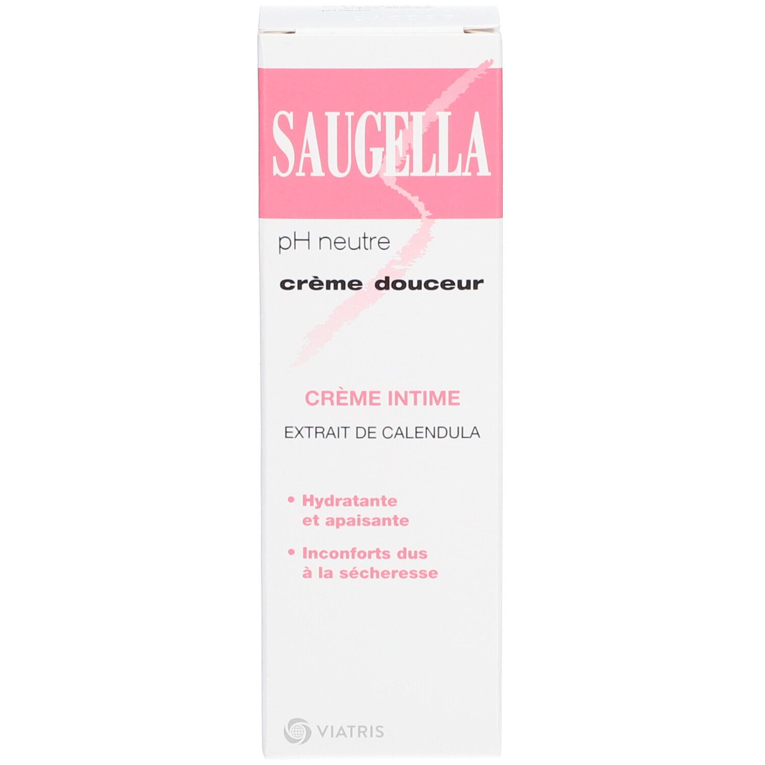 Emballage produit, blanc avec accents roses. Nom du produit: Saugella. Texte: pH neutre, crème douceur, crème intime. Ingrédient: calendula.