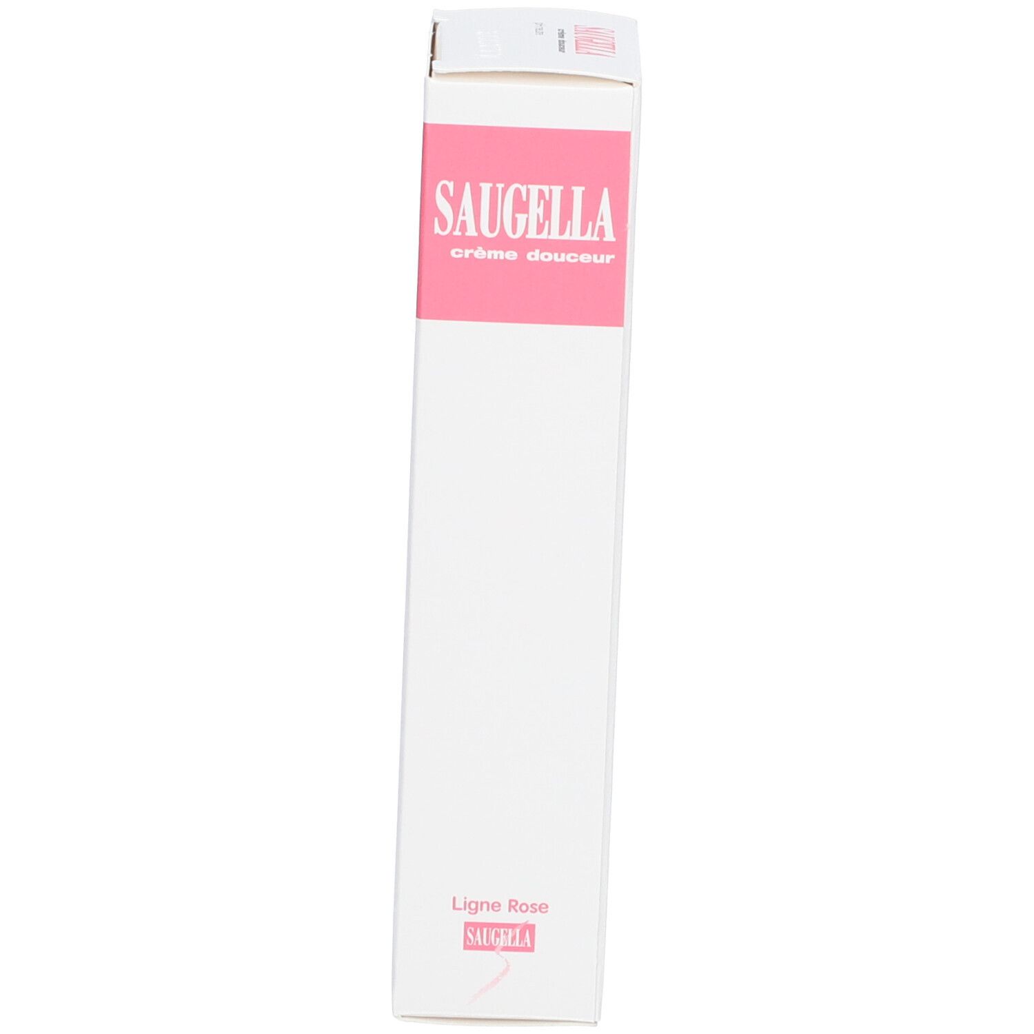 Emballage produit, blanc avec accents roses. Texte: Saugella crème douceur, Ligne Rose. Fabricant: Rottapharm S.p.A.