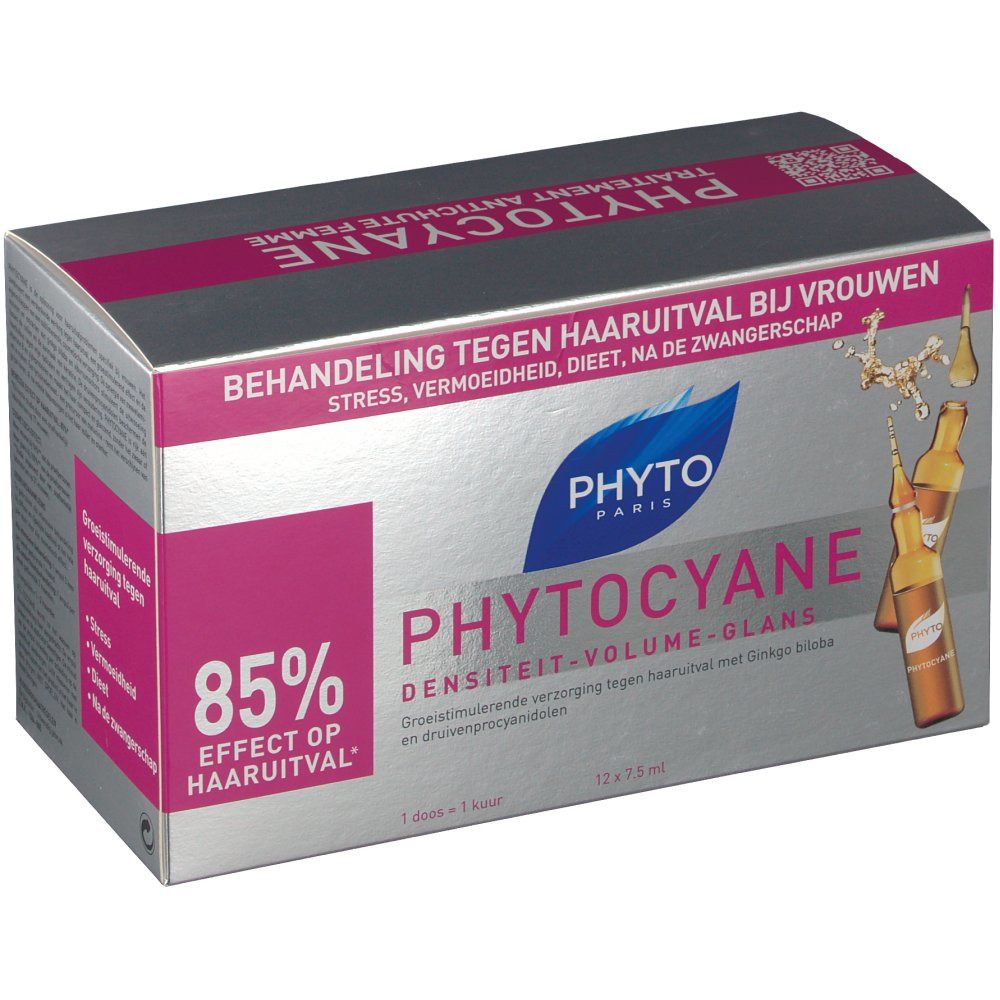 Boîte Phytocyane avec logo et ampoules. Texte en français et néerlandais. 85% d'efficacité.