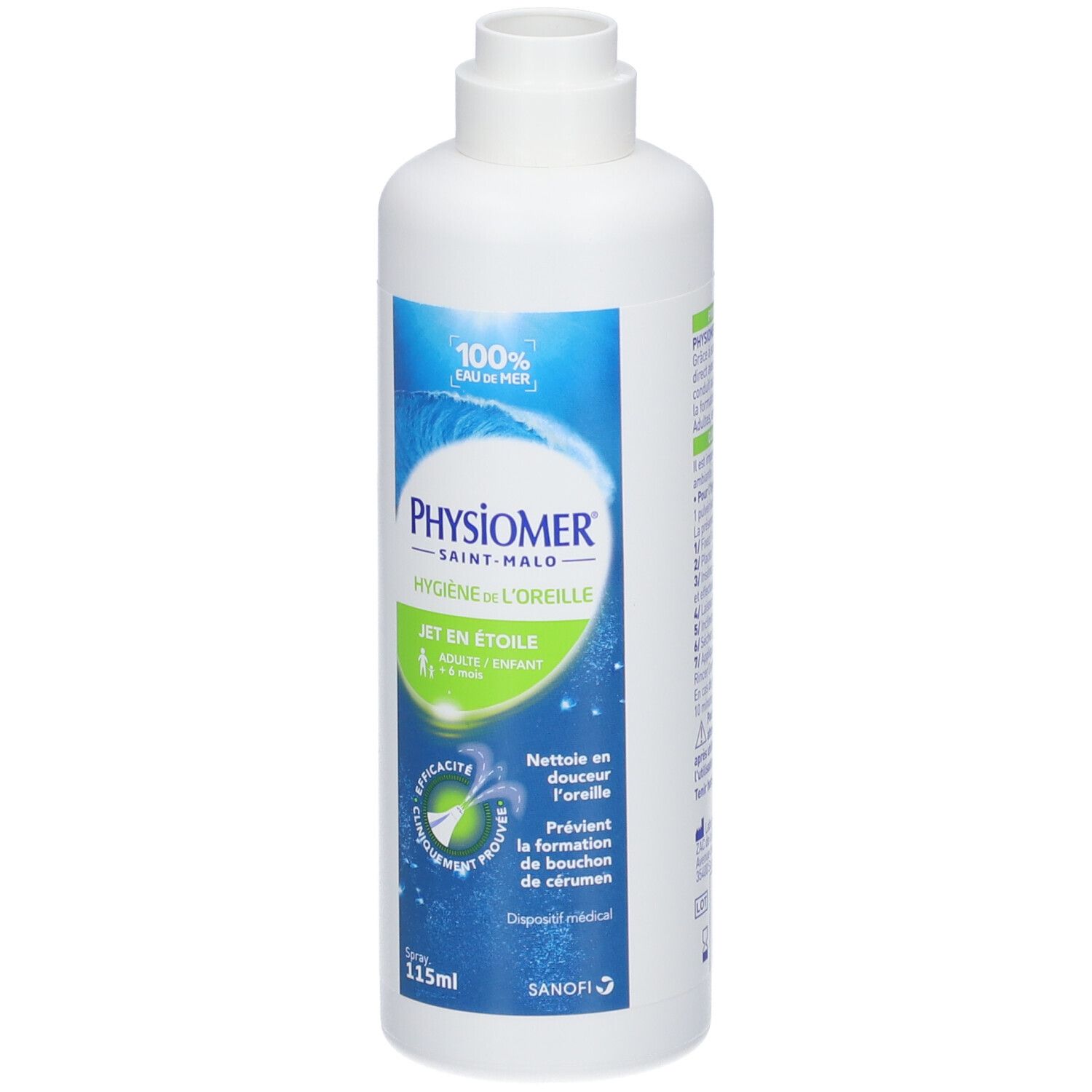 Flacon blanc avec étiquette bleu-vert. Inscription: Physiomer, Hygiene de l'oreille, Jet en étoile. 115ml.