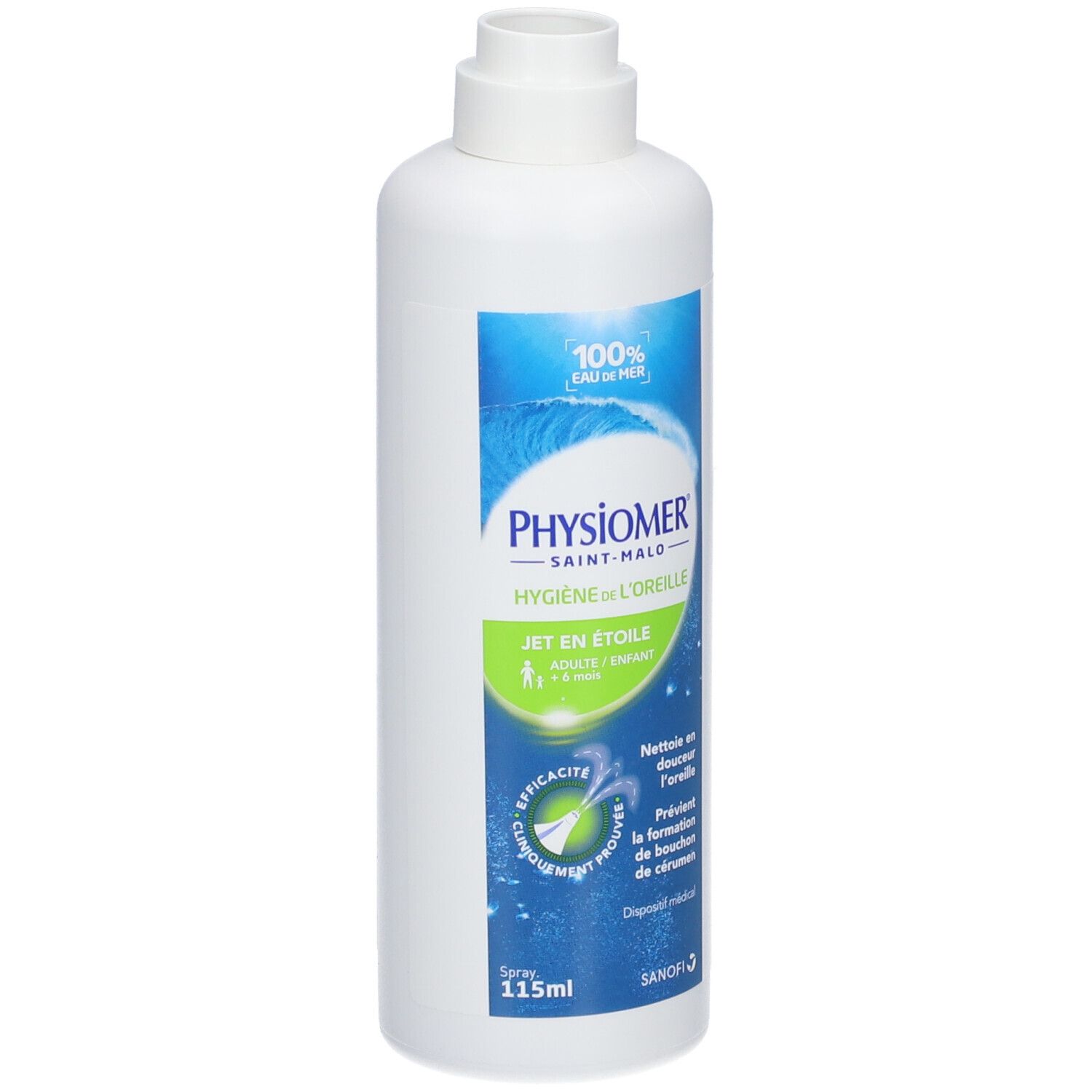 Flacon blanc avec étiquette bleu-vert. Inscription: Physiomer, Hygiene de l'oreille, Jet en étoile. 115ml.