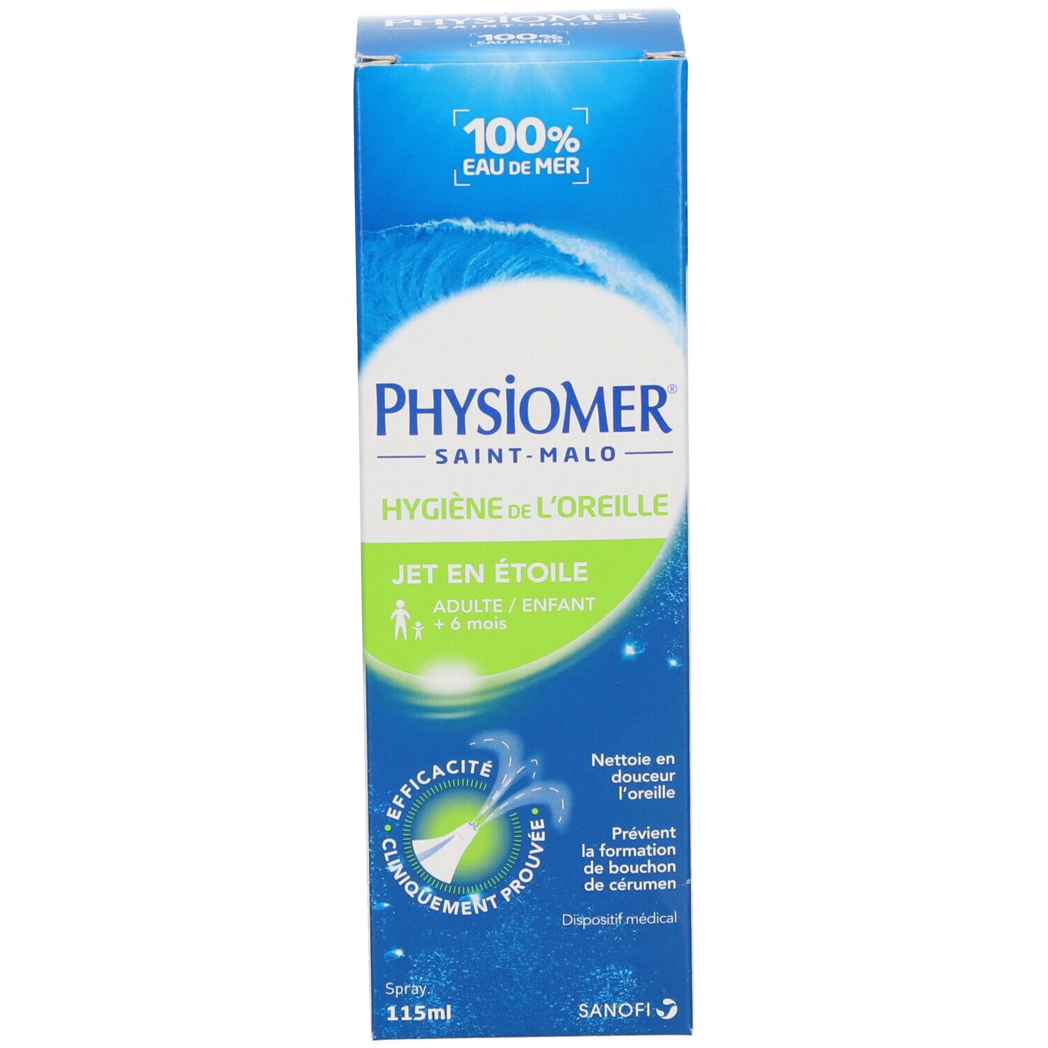 Emballage du produit. Inscription: Physiomer, Hygiene de l'oreille, Jet en étoile. 115ml. Avec logos et texte.