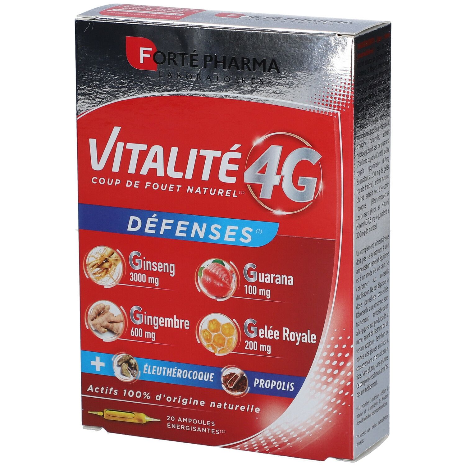 Boîte rouge Vitalité 4G Défenses. Contient 20 ampoules. Ingrédients : Ginseng, Gingembre, Guarana, Gelée Royale, Propolis. Logo Forté Pharma.