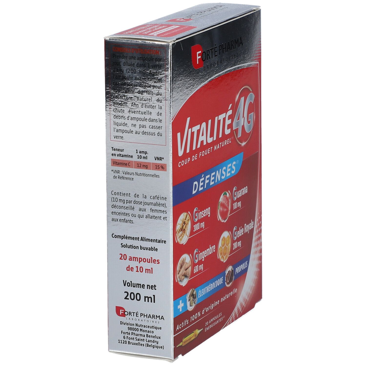 Boîte Vitalité 4G Défenses, côté rouge. Contient 20 ampoules. Logo Forté Pharma. Texte : 200 ml.