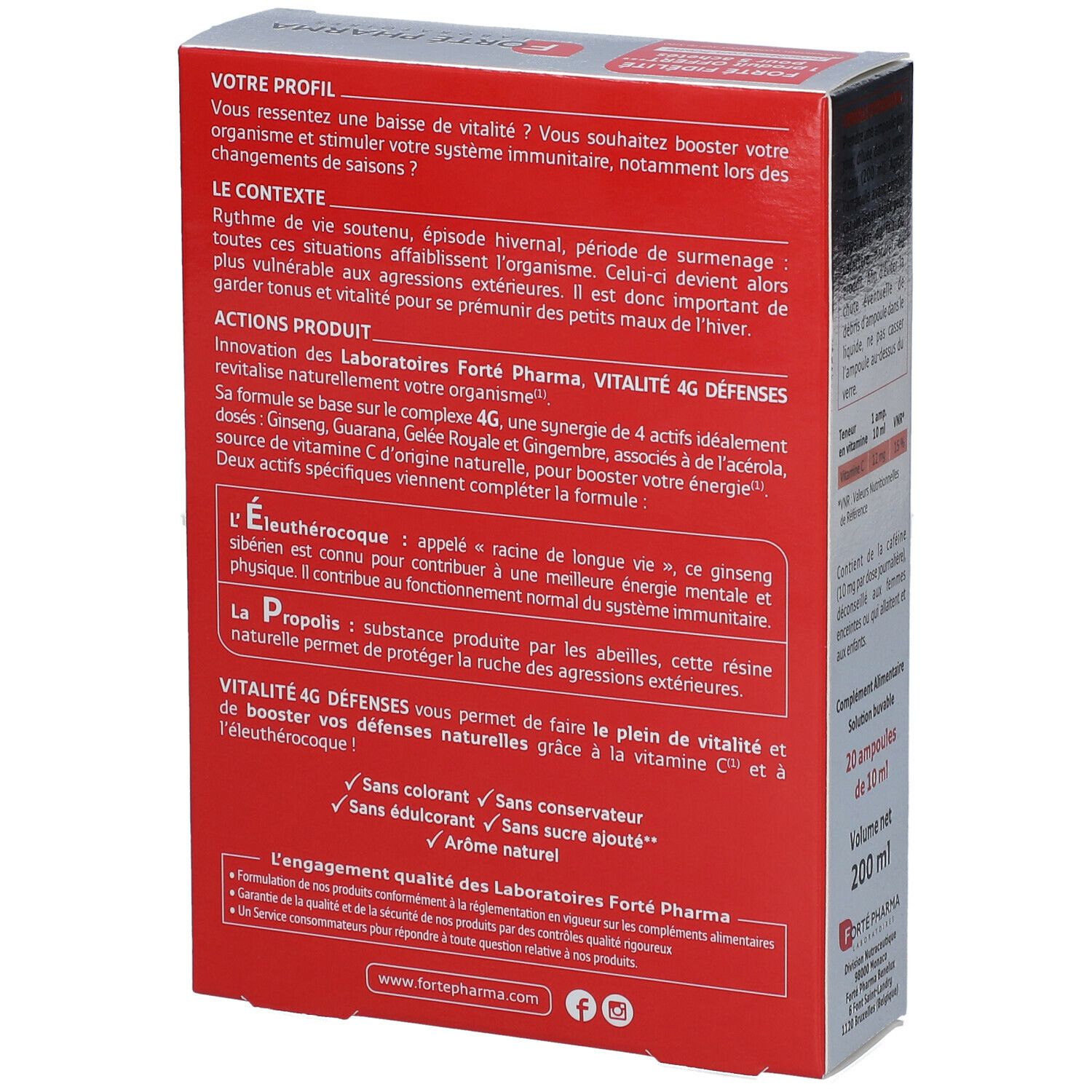 Dos de la boîte Vitalité 4G Défenses. Texte sur le produit et ses ingrédients. Logo Forté Pharma.