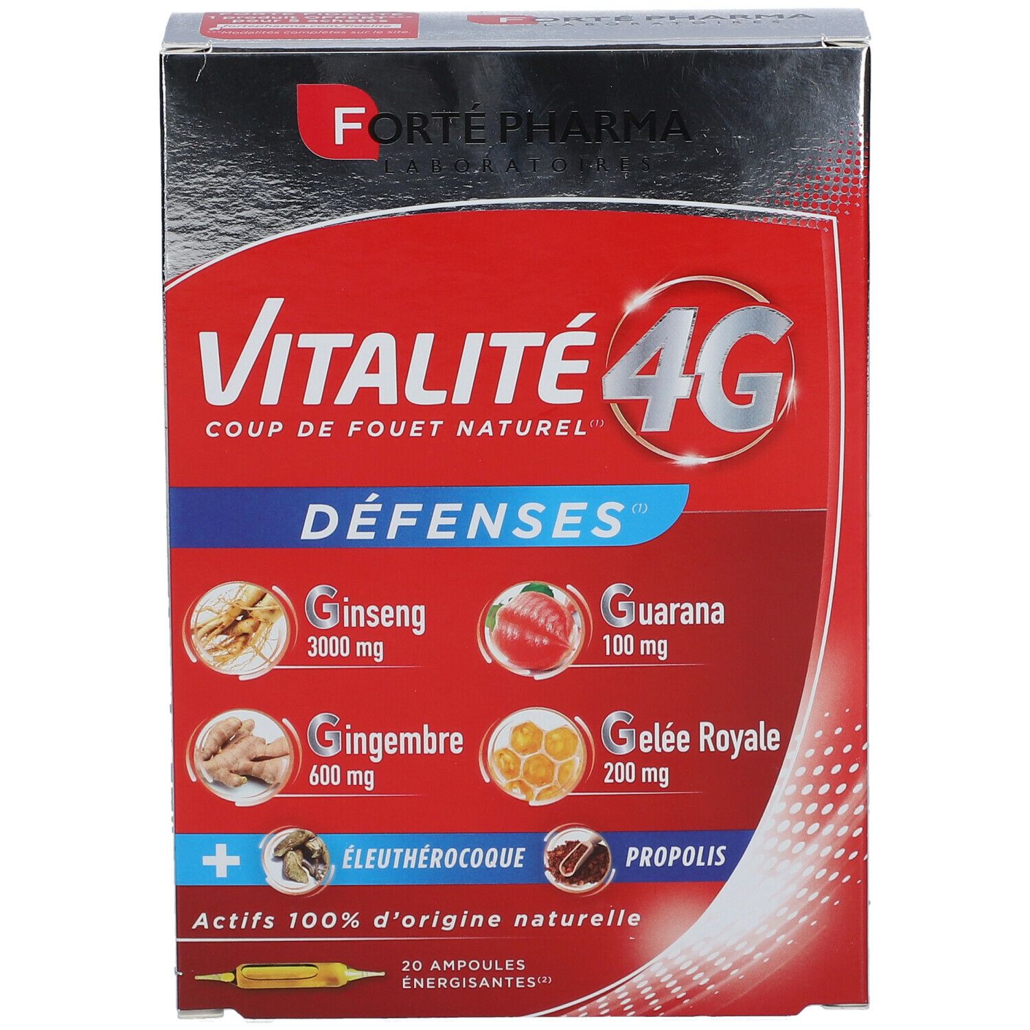 Boîte rouge Vitalité 4G Défenses. Contient Ginseng, Gingembre, Guarana, Gelée Royale, Propolis. Logo Forté Pharma.