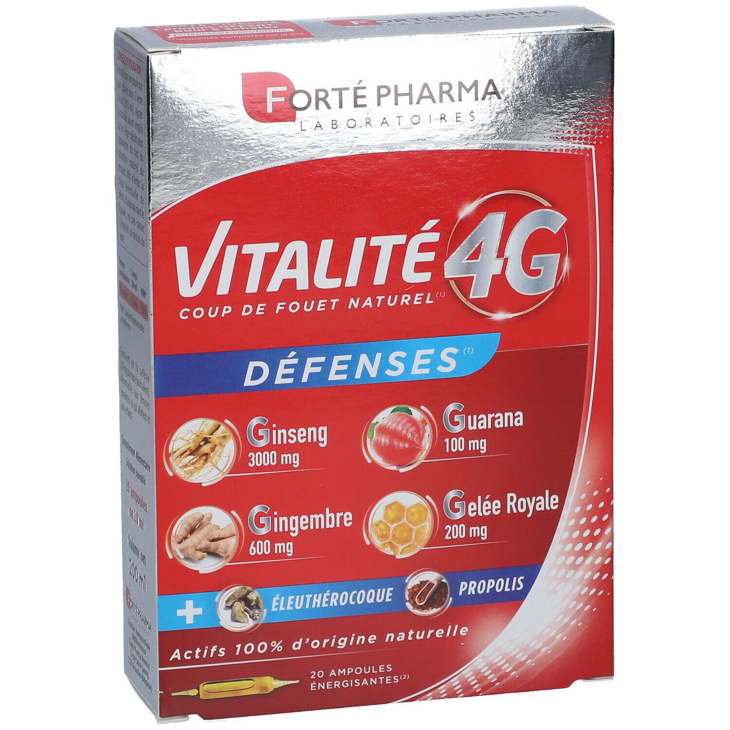 Boîte rouge Vitalité 4G Défenses. Contient Ginseng, Gingembre, Guarana, Gelée Royale, Propolis. Logo Forté Pharma.