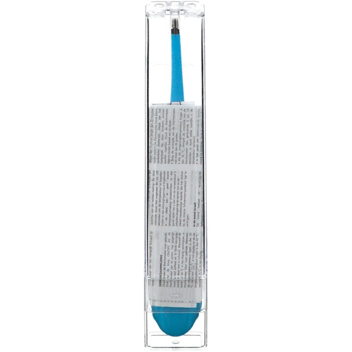 Thermomètre électronique dans un emballage transparent. Pointe et base bleues visibles. Texte sur l'emballage.