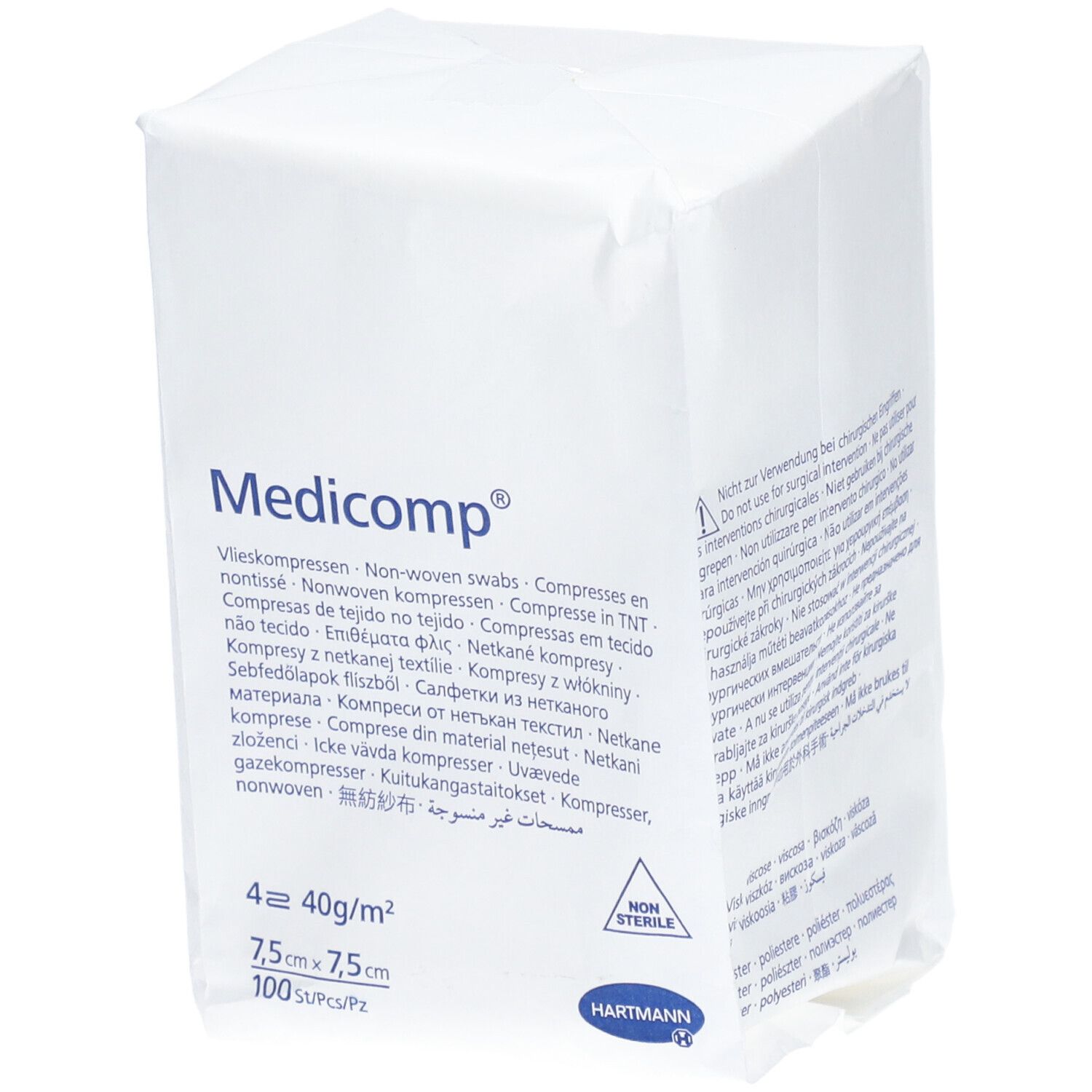 Emballage de compresses Médicomp®. 7,5 x 7,5 cm, 100 pièces. Non stérile. Logo Hartmann. Vue de face.