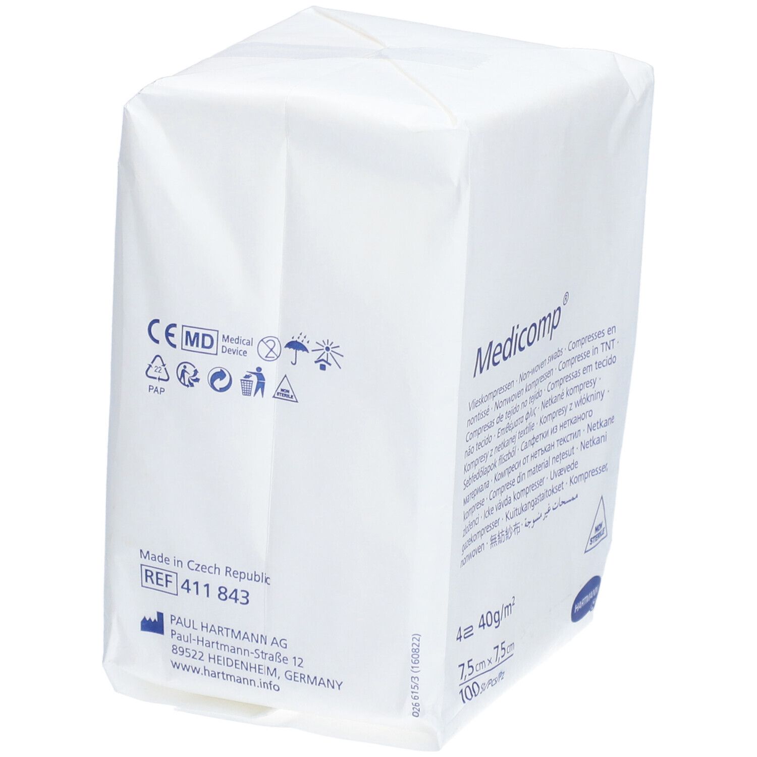 Emballage de compresses Médicomp®. Dos avec marquage CE, numéro REF et informations fabricant. Fabriqué en République tchèque.