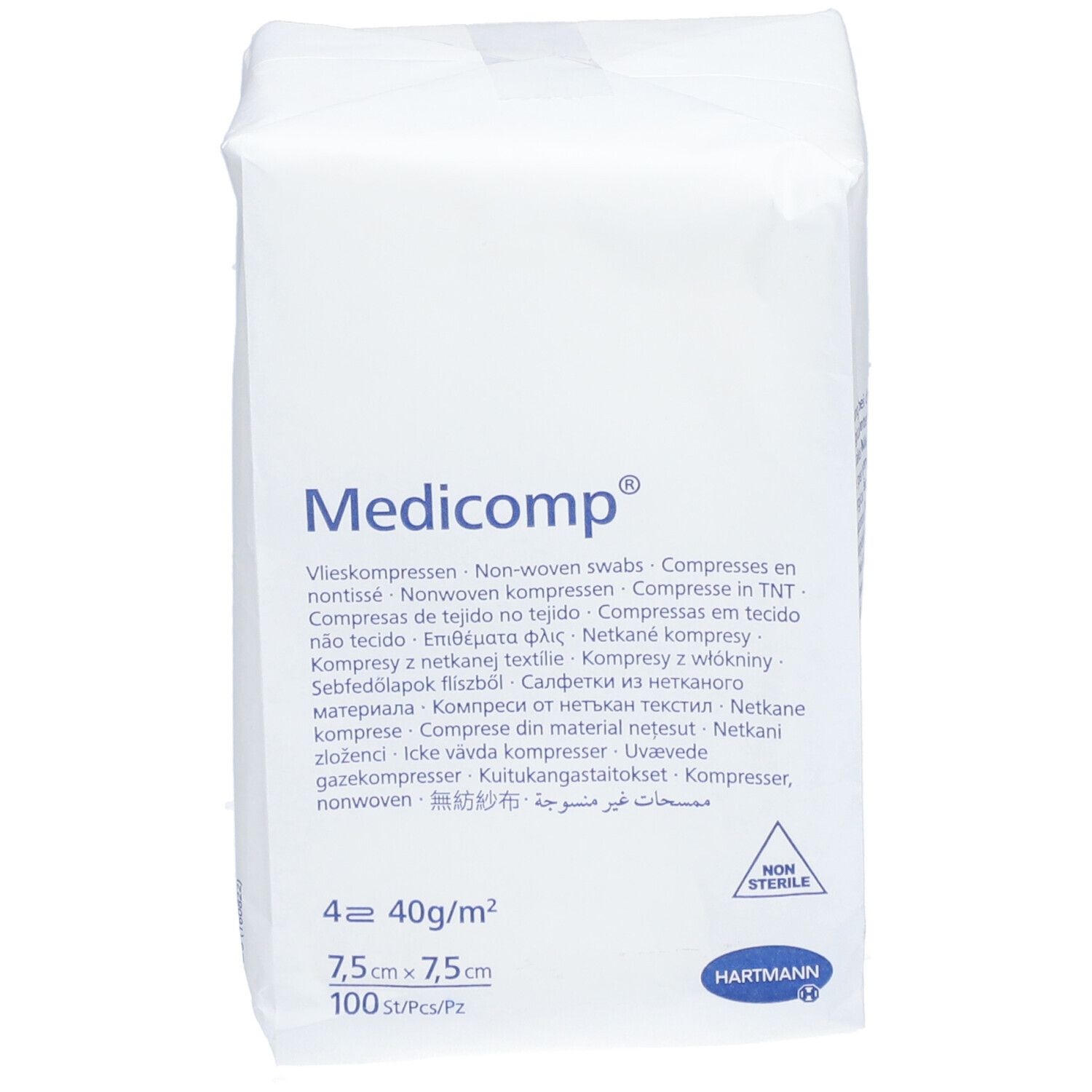 Emballage de compresses Médicomp®. 7,5 x 7,5 cm, 100 pièces. Non stérile. Logo Hartmann. Vue de face.