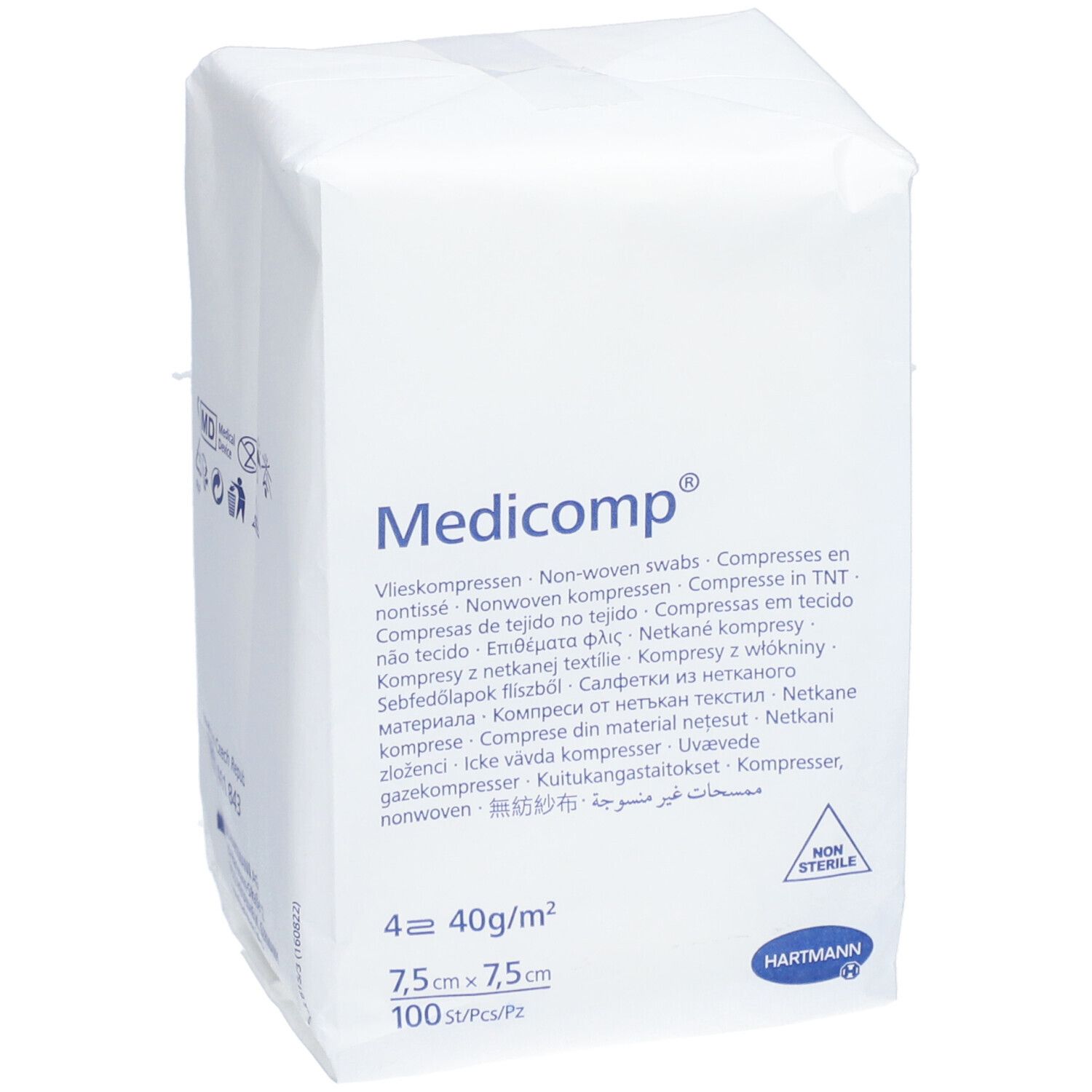 Emballage de compresses Médicomp®. 7,5 x 7,5 cm, 100 pièces. Non stérile. Logo Hartmann. Vue de face.