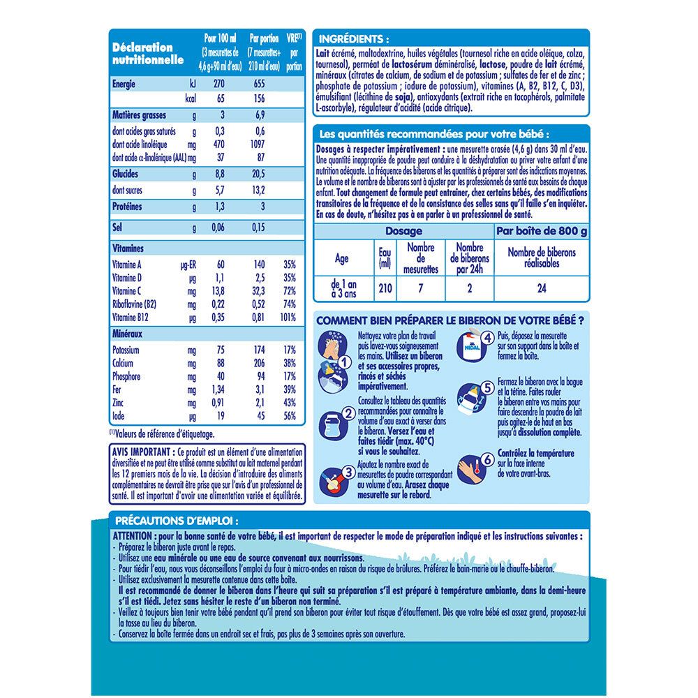 Déclaration nutritionnelle et recommandations de dosage pour Nestlé Nidal Croissance 3. Ingrédients et instructions de préparation.